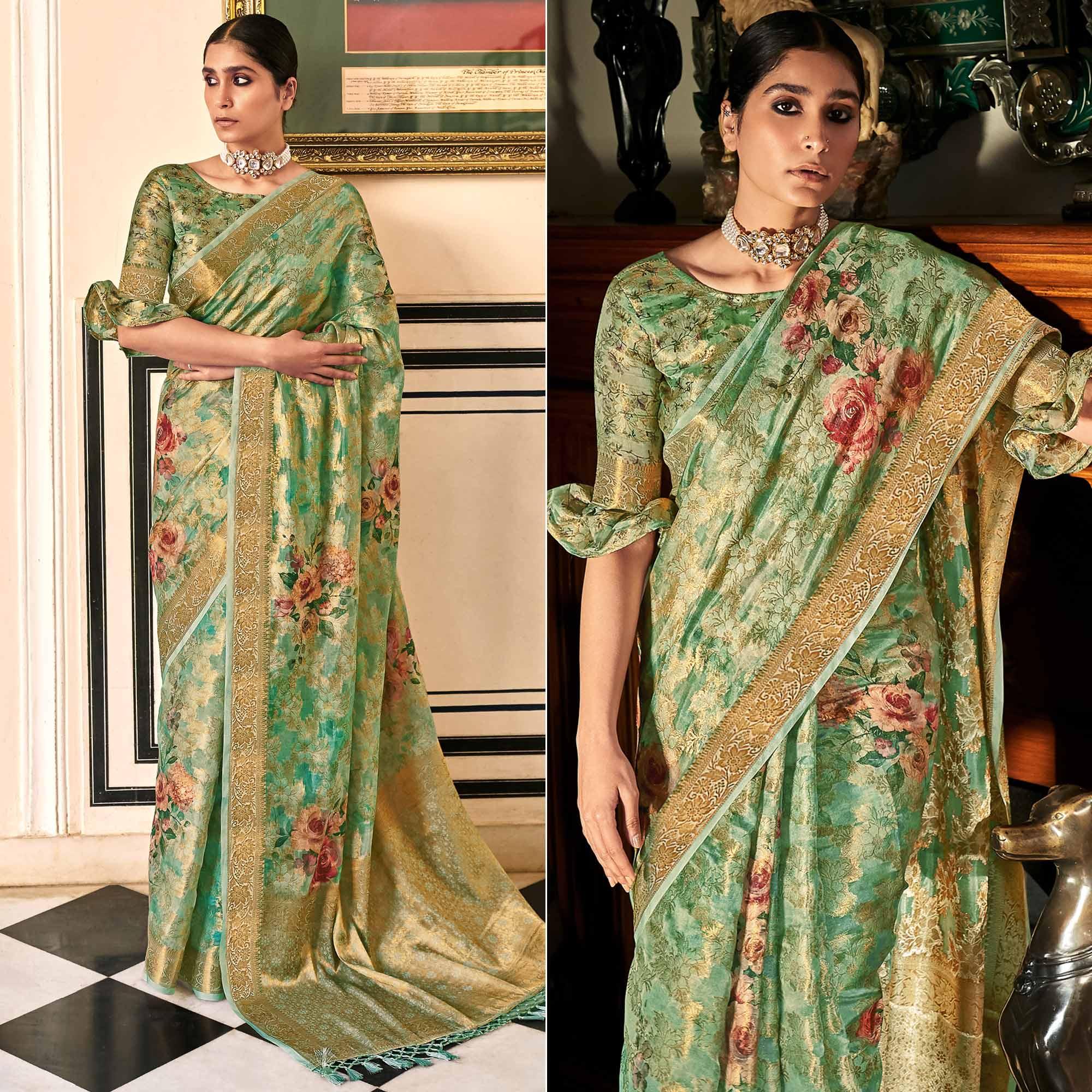 Green Woven With Printed Cotton Silk Saree With Tassels - Peachmode