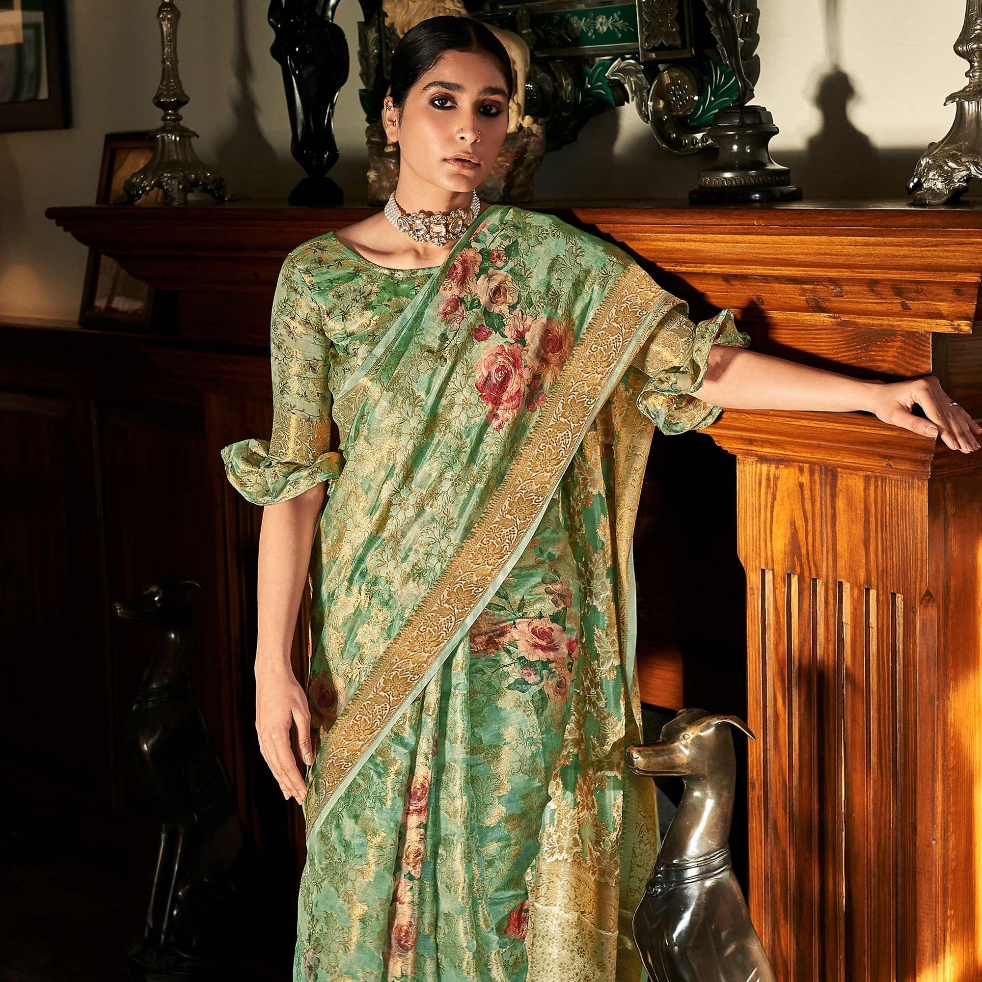Green Woven With Printed Cotton Silk Saree With Tassels - Peachmode