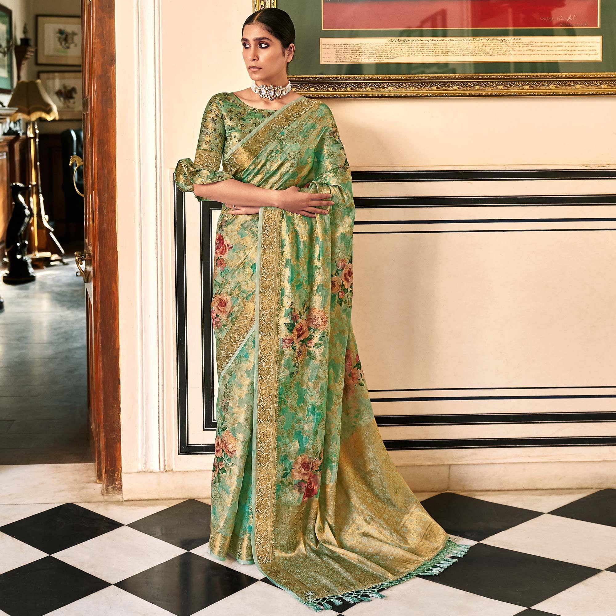 Green Woven With Printed Cotton Silk Saree With Tassels - Peachmode