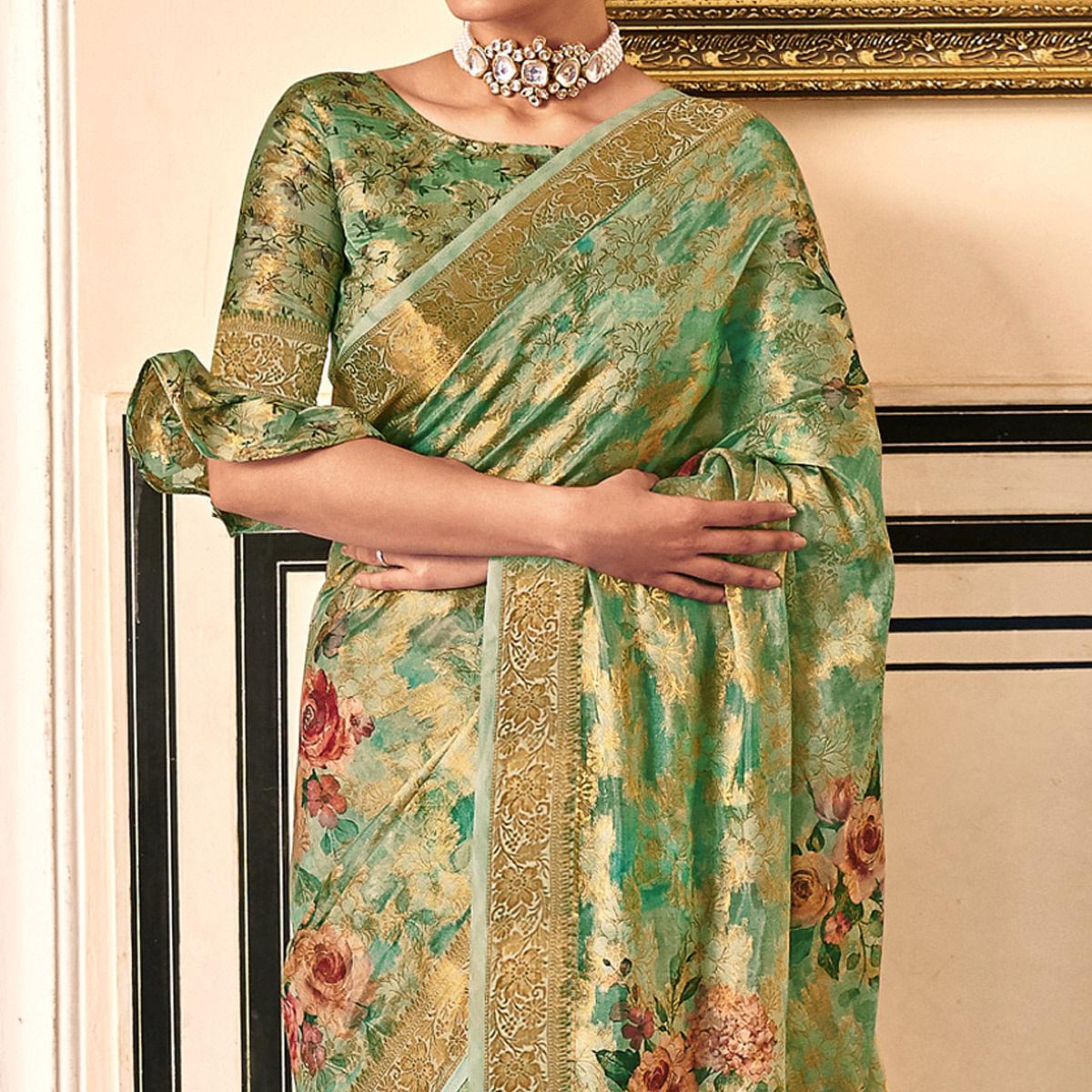 Green Woven With Printed Cotton Silk Saree With Tassels - Peachmode