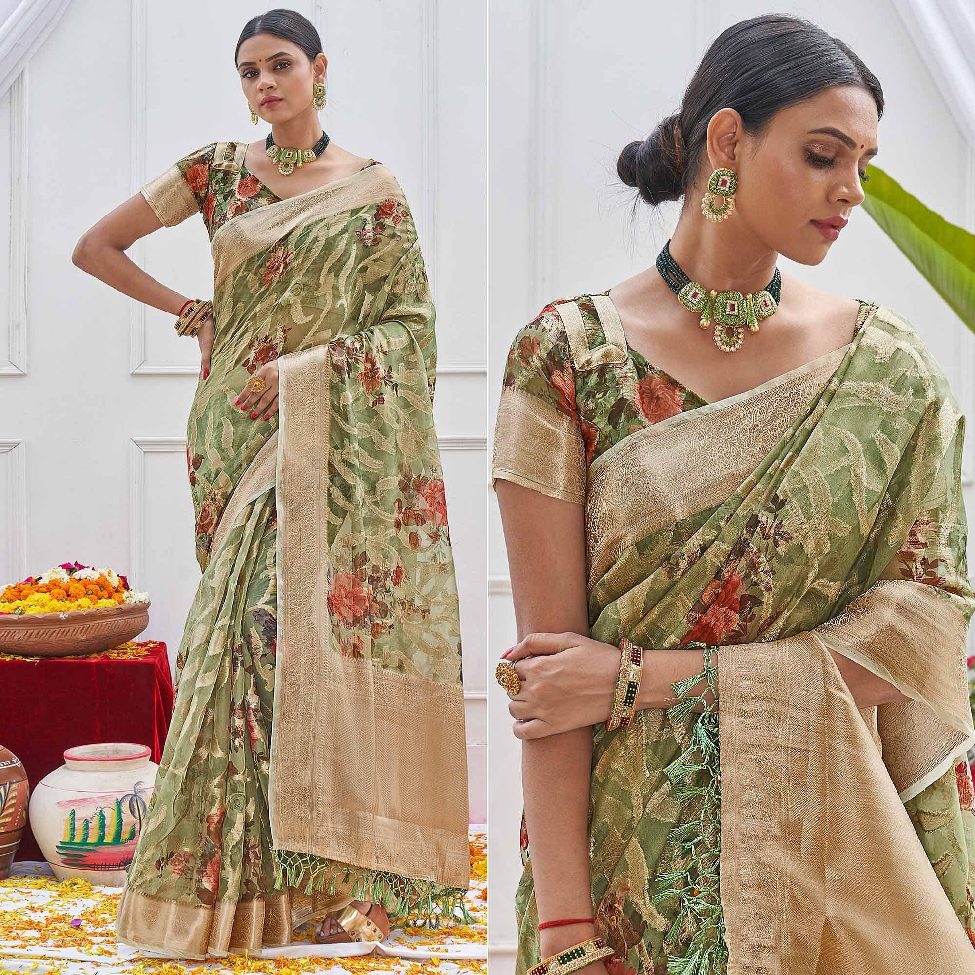 Green Woven With Printed Organza Saree - Peachmode