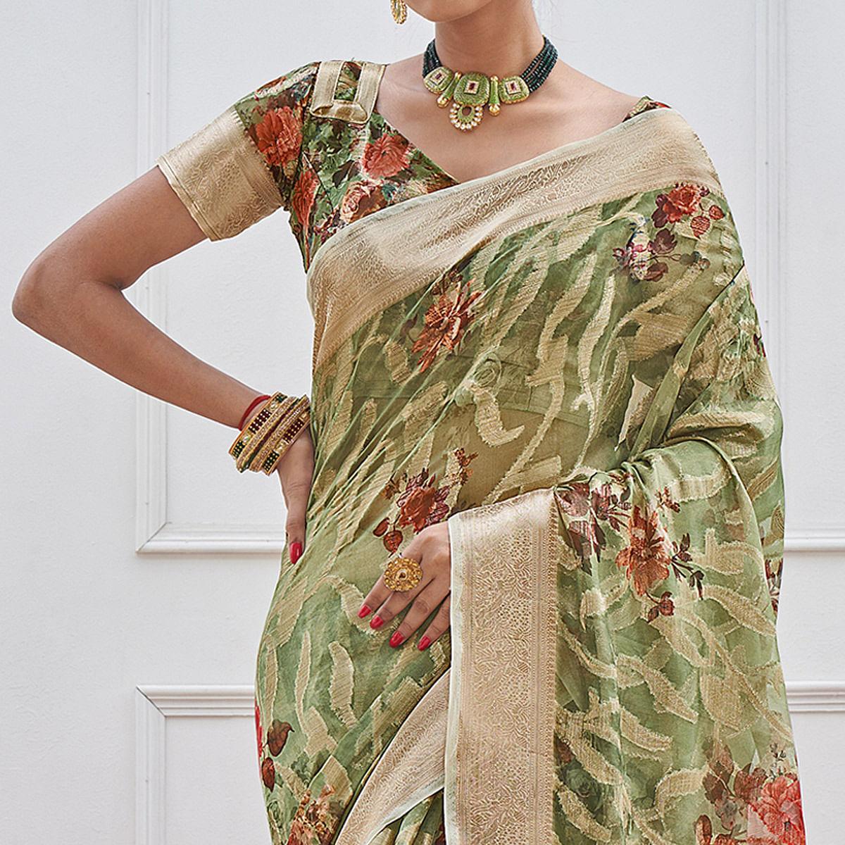 Green Woven With Printed Organza Saree - Peachmode