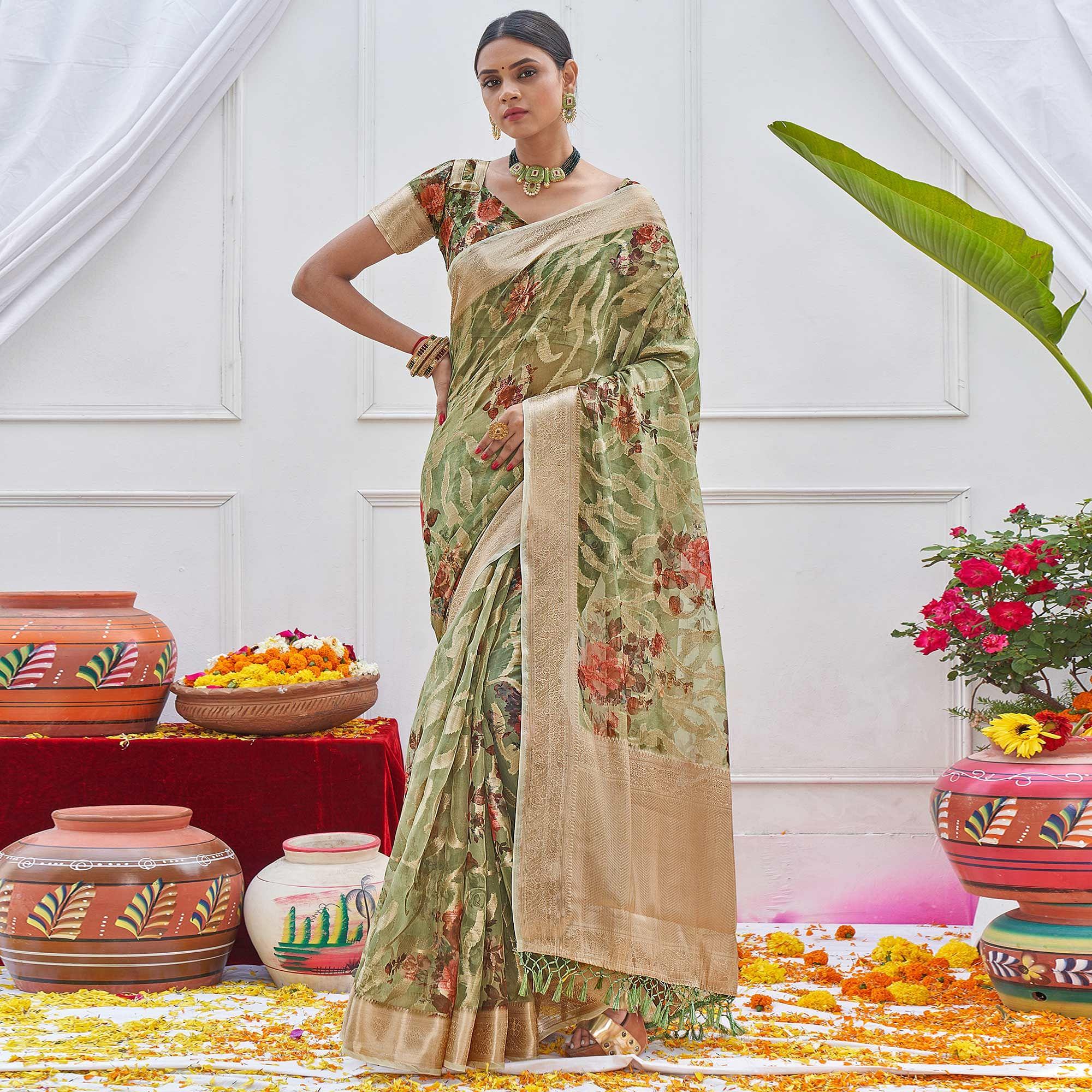 Green Woven With Printed Organza Saree - Peachmode