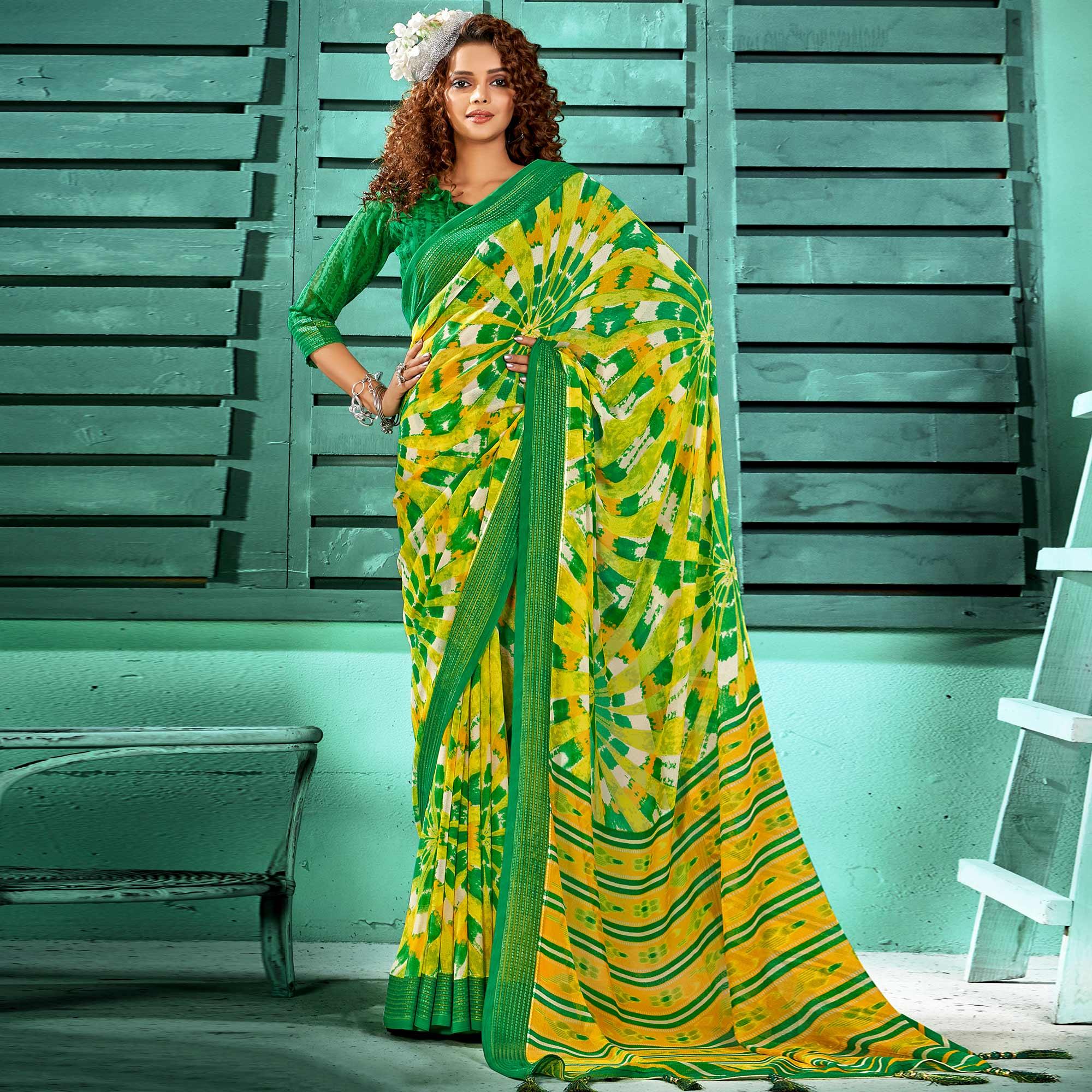 Green - Yellow Casual Wear Printed Pure Georgette Saree With Border - Peachmode
