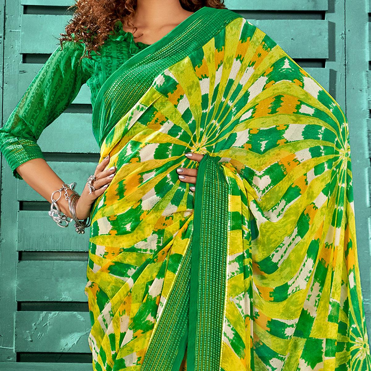 Green - Yellow Casual Wear Printed Pure Georgette Saree With Border - Peachmode