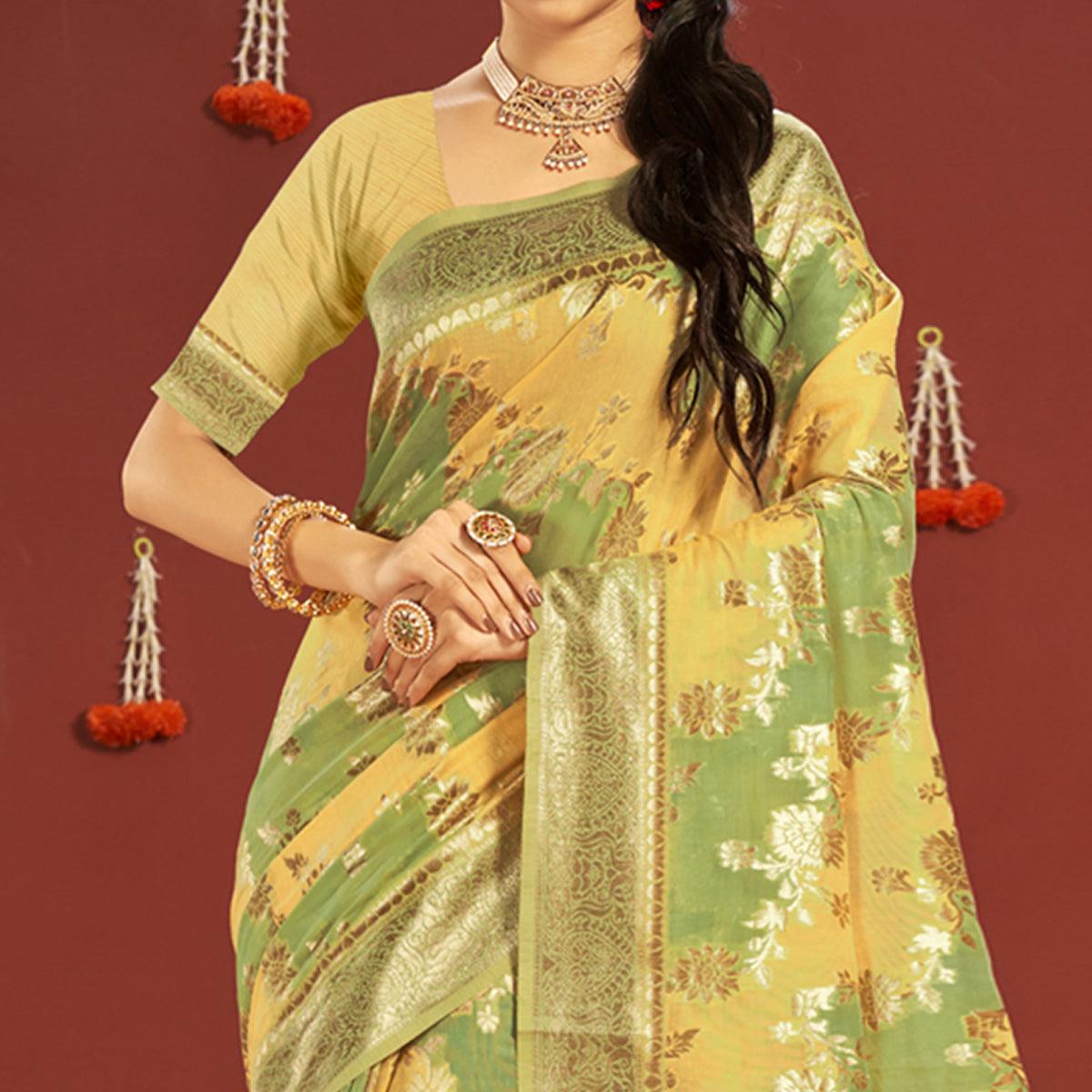 Green-Yellow Woven Art Silk Saree - Peachmode