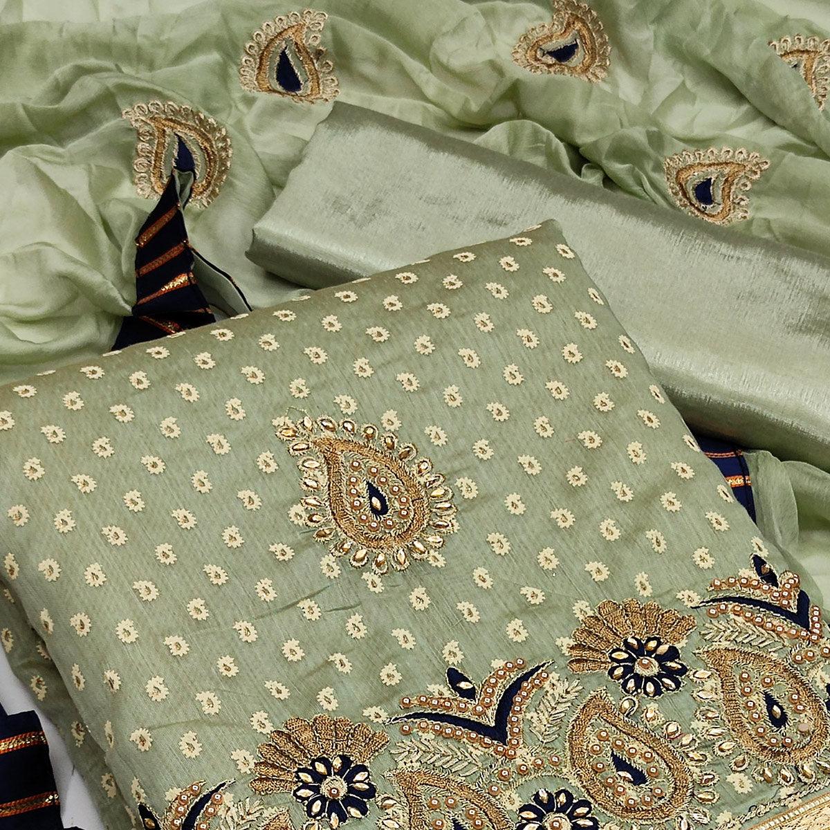 Green Zardosi Work Fancy Fabric Dress Material - Peachmode