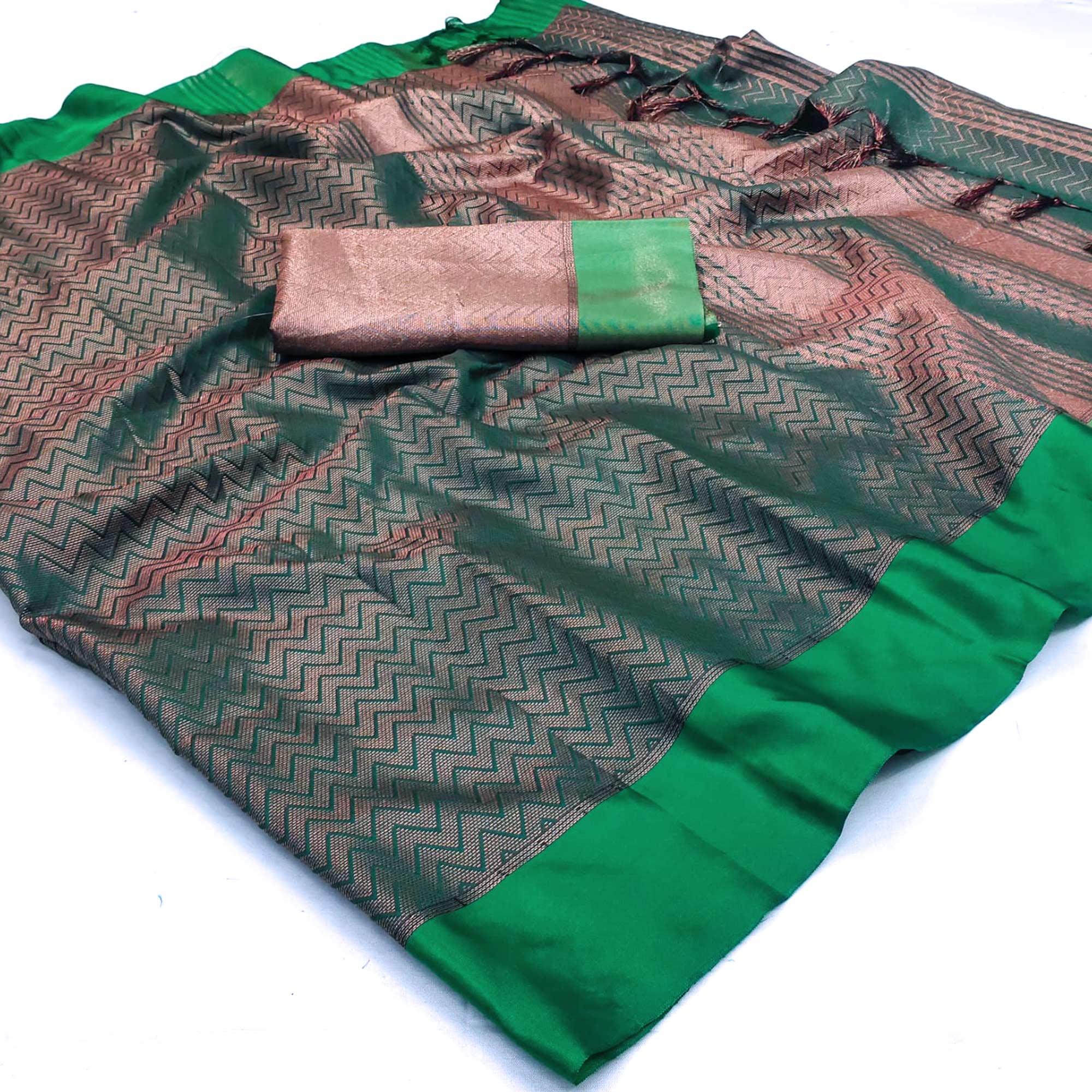 Green Zig Zag Woven Cotton Silk Saree - Peachmode