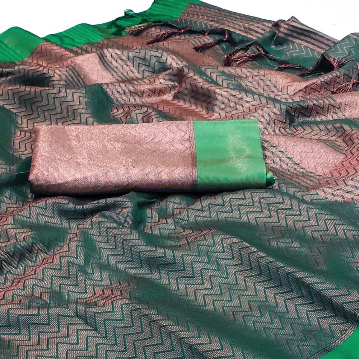 Green Zig Zag Woven Cotton Silk Saree - Peachmode