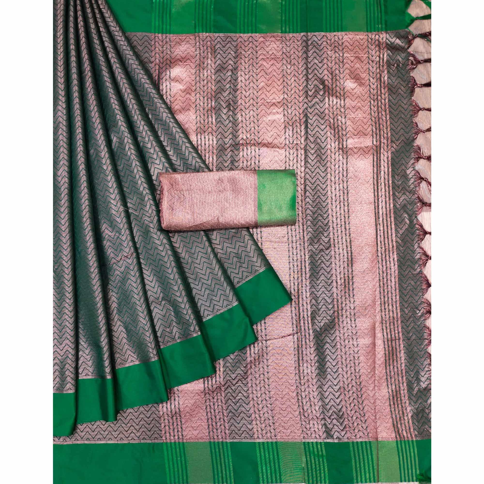 Green Zig Zag Woven Cotton Silk Saree - Peachmode