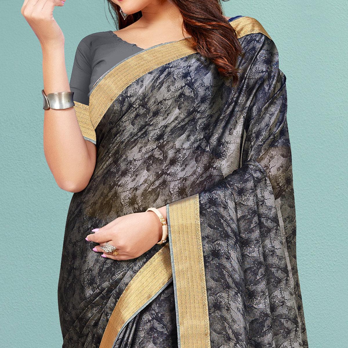 Grey & Black Casual Wear Printed  Chiffon Saree With Banarasi Lace - Peachmode