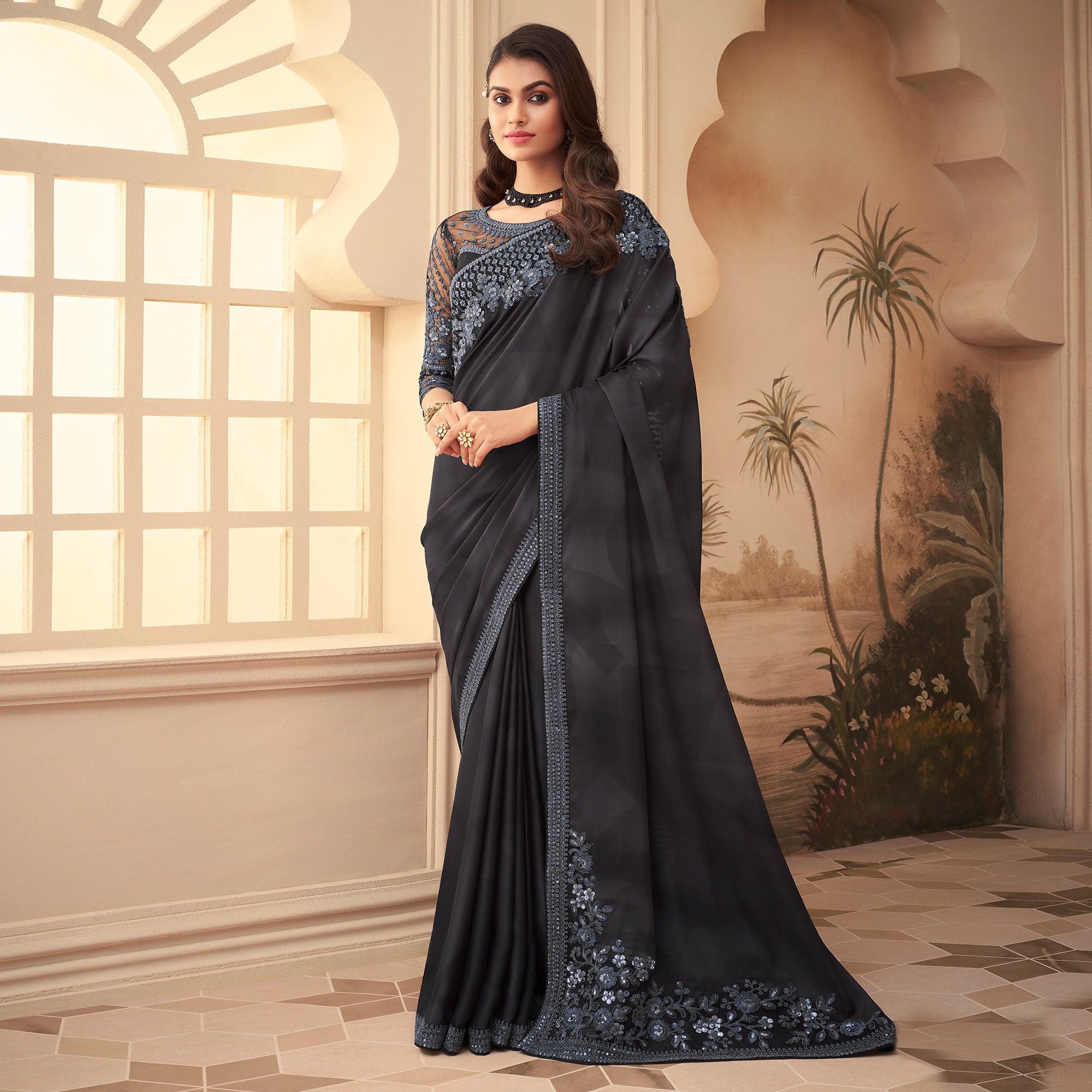 Grey & Black  Floral Sequence Embroidered Art Silk Saree - Peachmode