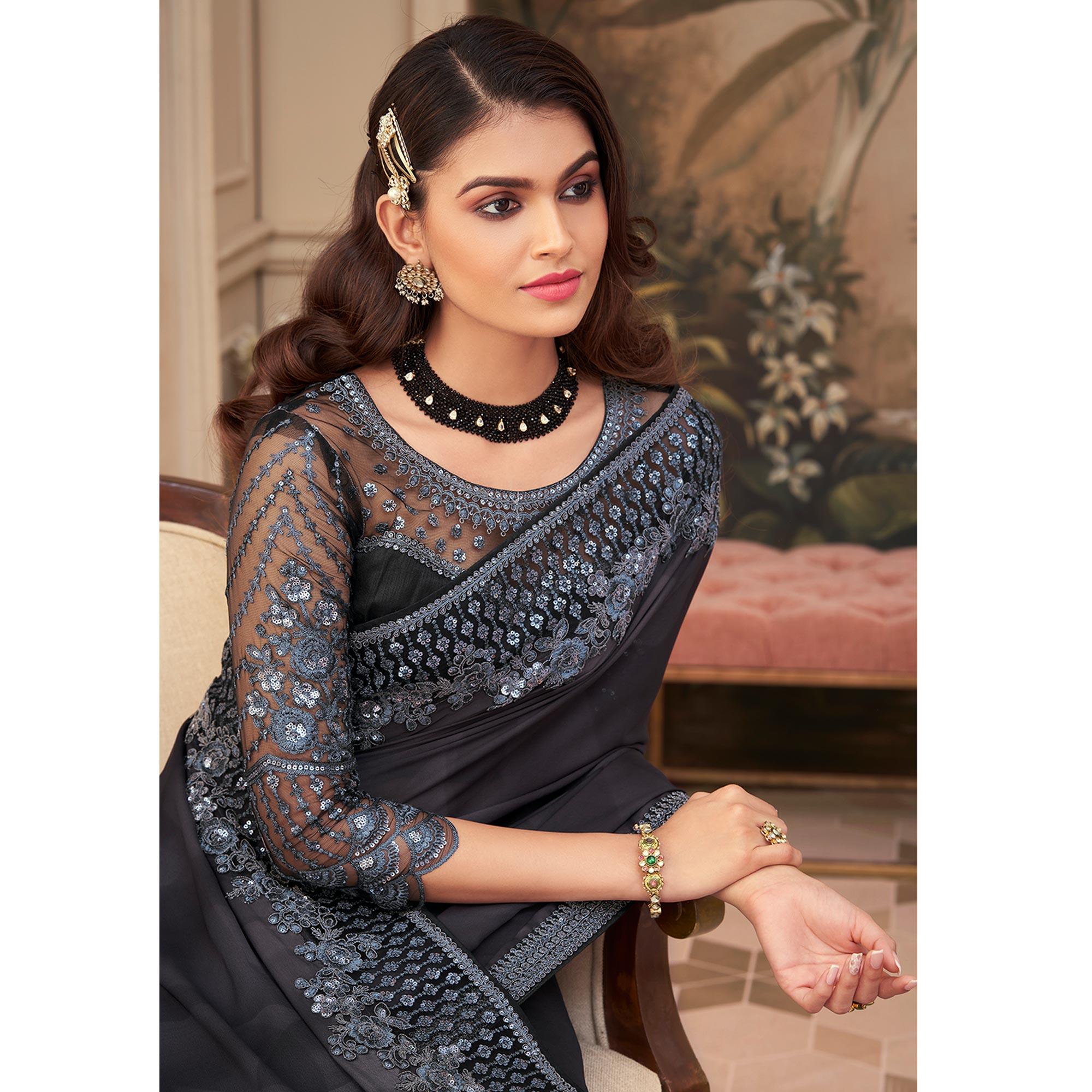 Grey & Black  Floral Sequence Embroidered Art Silk Saree - Peachmode