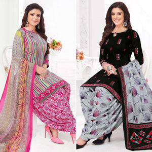 Grey And Black Patiala Crepe Dress Material Pack Of 2 - Peachmode