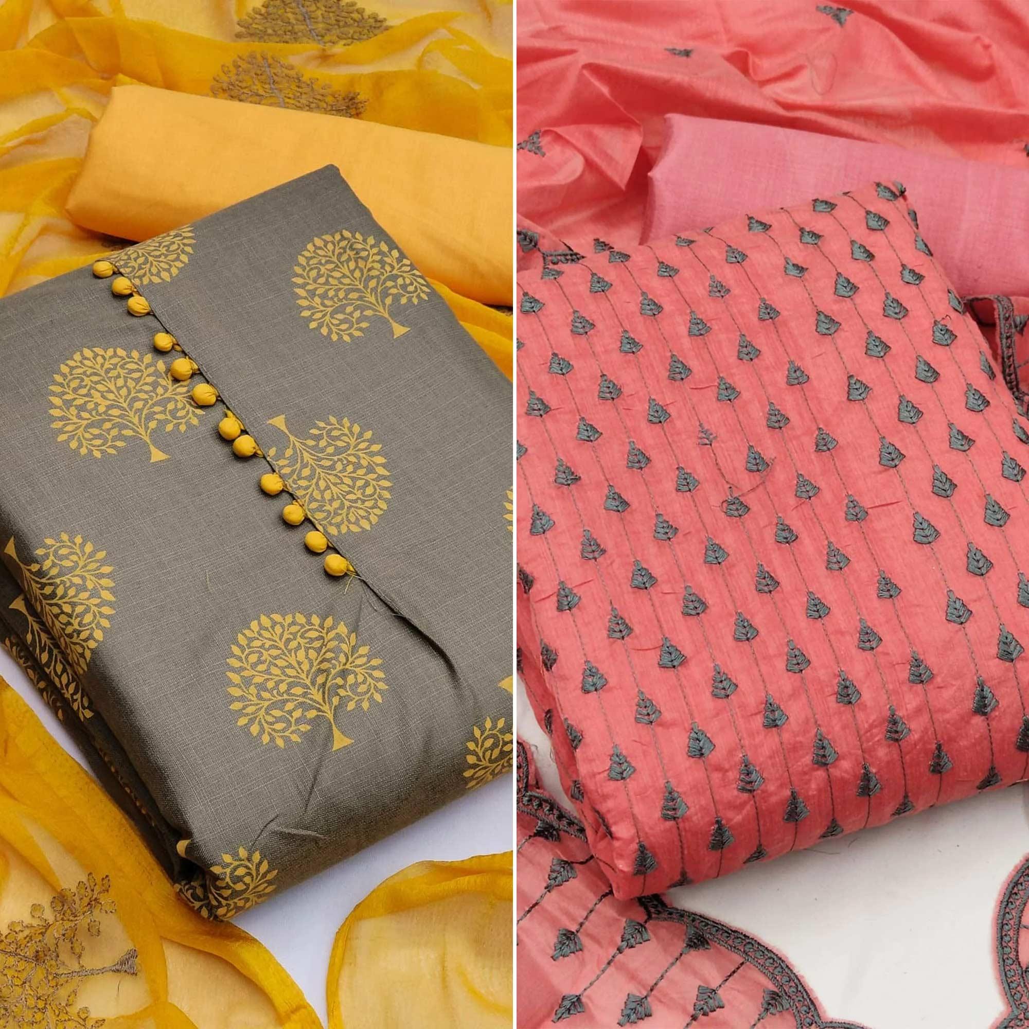 Grey And Gajari Pink Dress Material Pack Of 2 - Peachmode