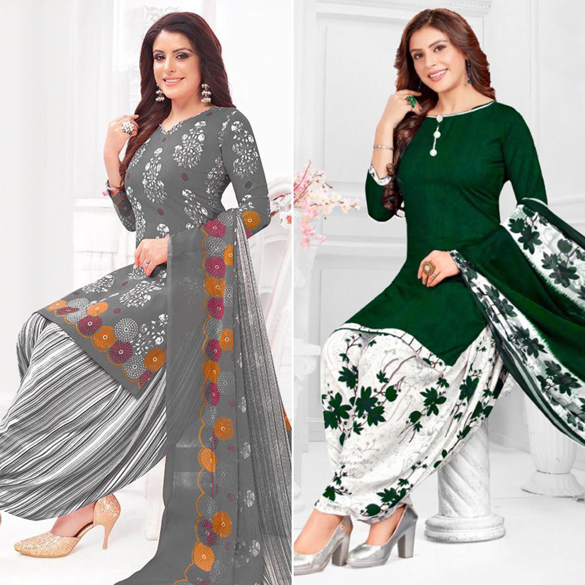 Grey And Green Patiala Crepe Dress Material Pack Of 2 - Peachmode
