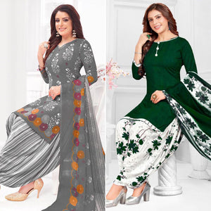 Grey And Green Patiala Crepe Dress Material Pack Of 2 - Peachmode