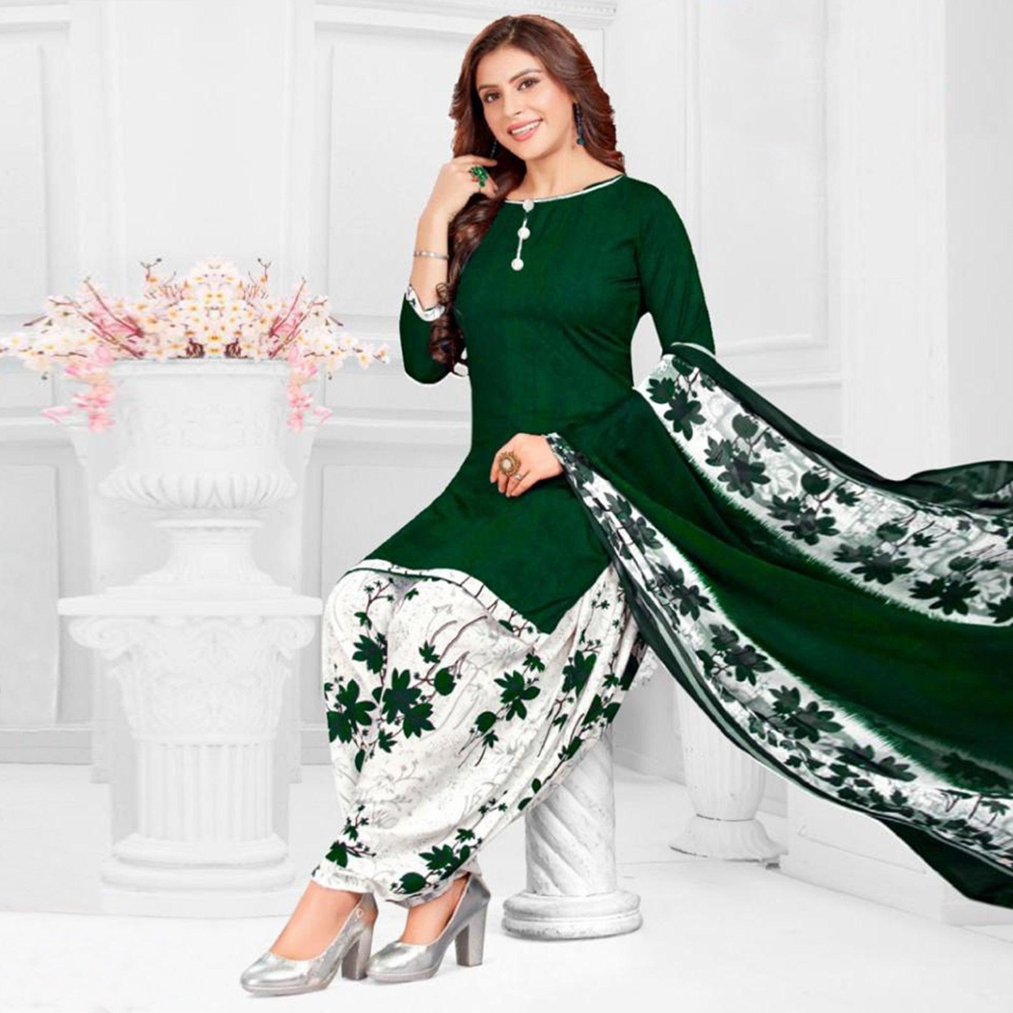 Grey And Green Patiala Crepe Dress Material Pack Of 2 - Peachmode