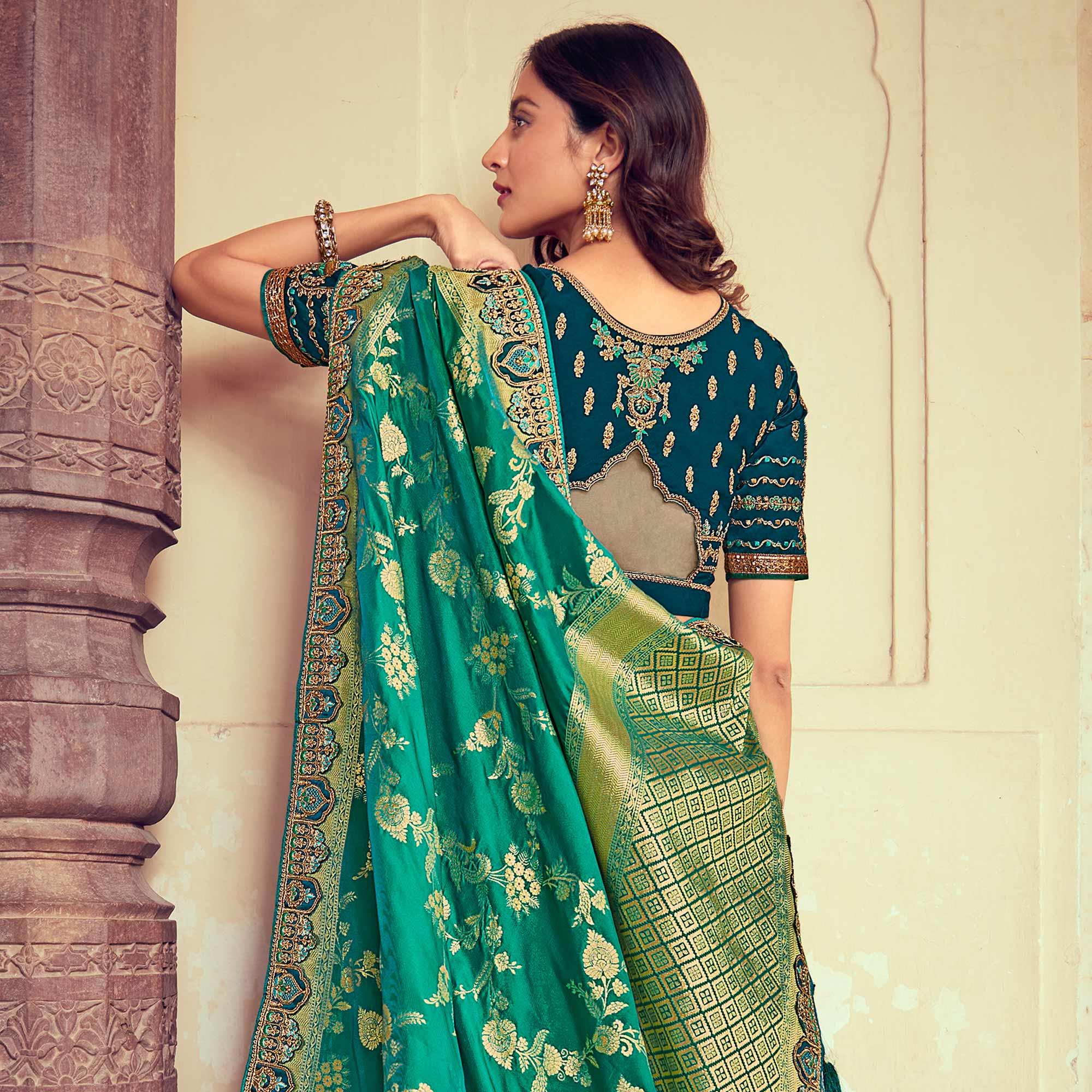 Grey & Green Wedding Wear Woven & Embroidered Silk Lehenga Choli - Peachmode