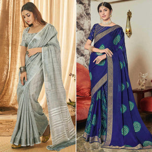 Grey And Indigo Blue Saree - Pack Of 2 - Peachmode