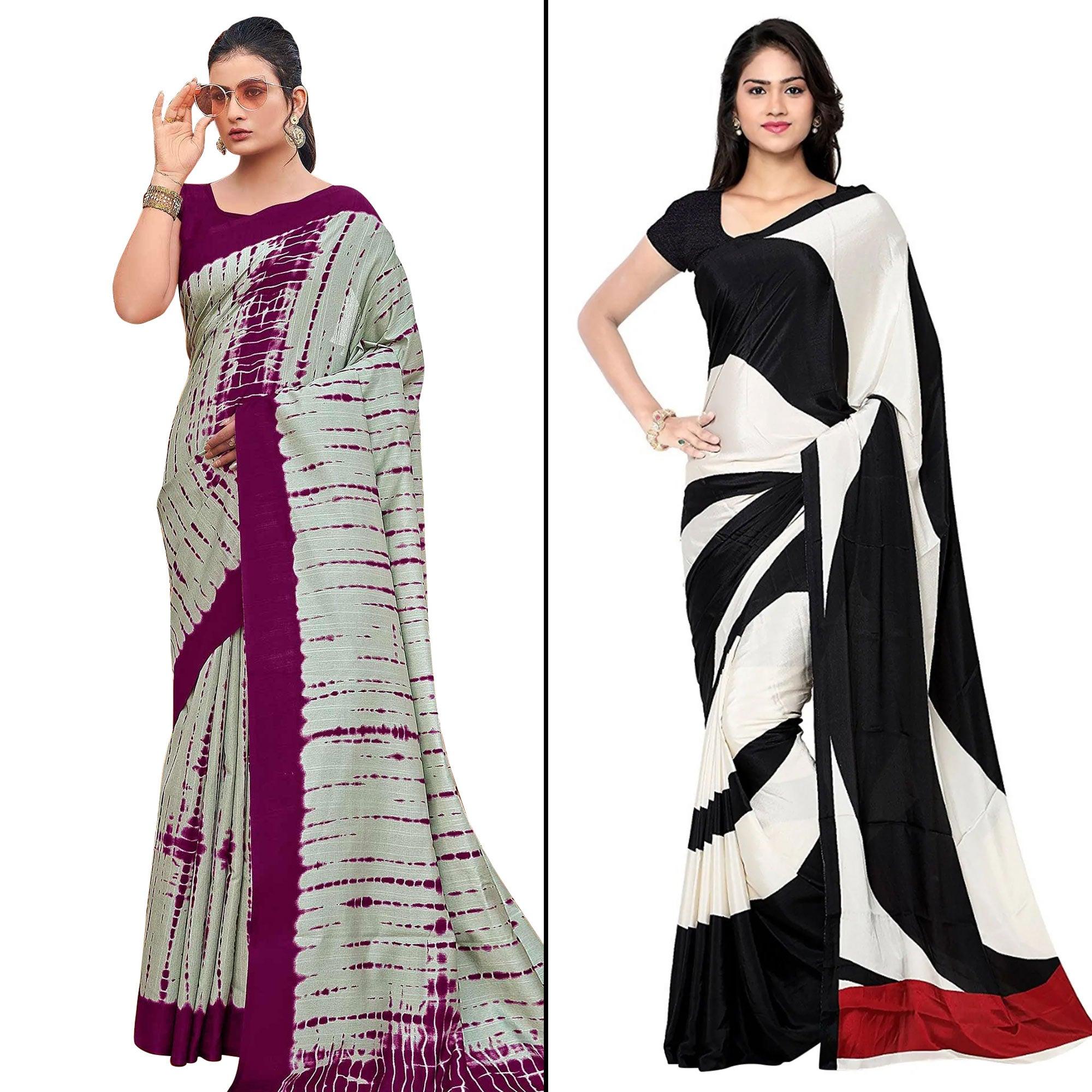 Grey And Off White Black Saree - Pack Of 2 - Peachmode
