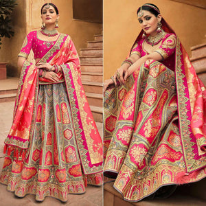 Grey & Rose Pink Wedding Wear Woven-Embellished Banarasi Silk Lehenga Choli - Peachmode