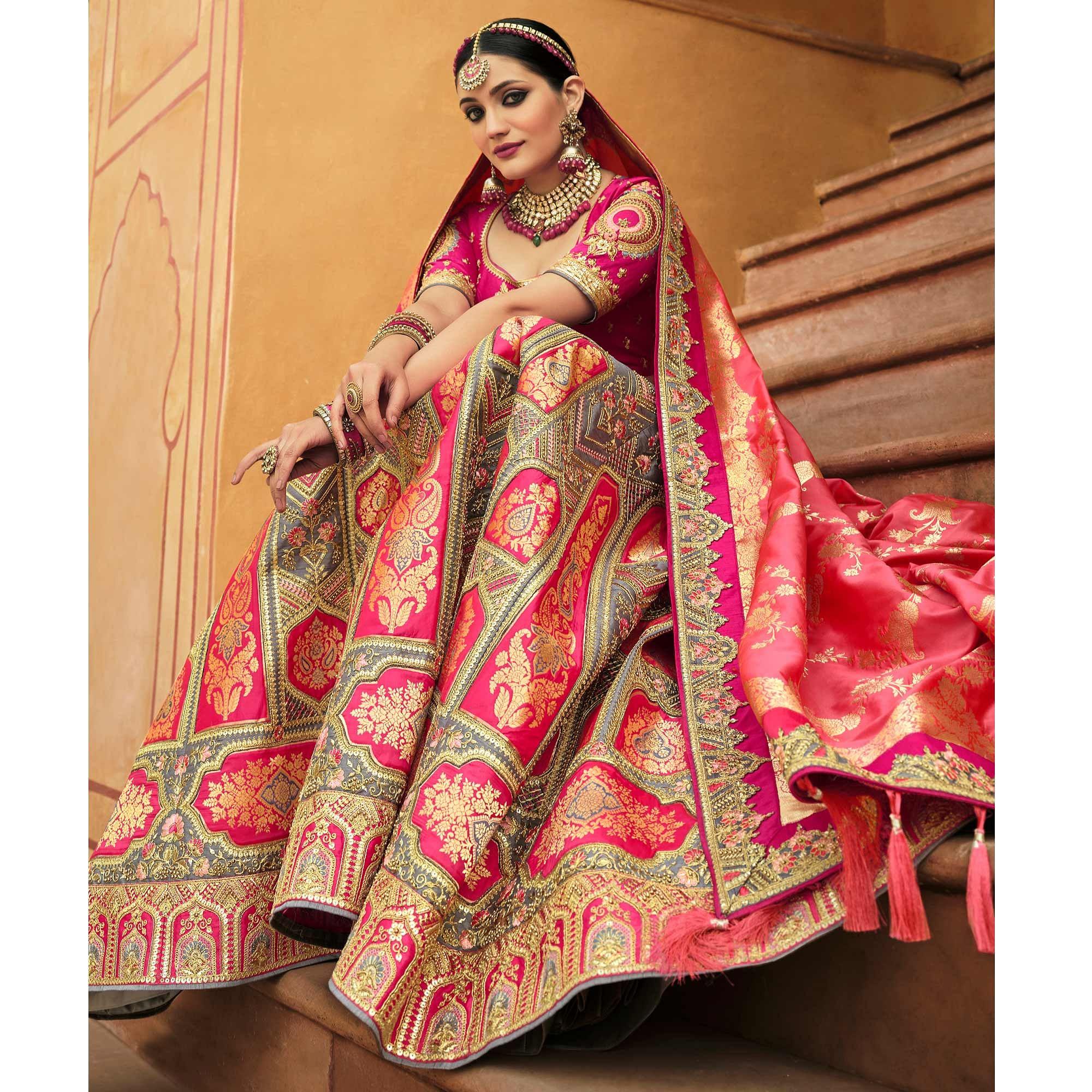 Grey & Rose Pink Wedding Wear Woven-Embellished Banarasi Silk Lehenga Choli - Peachmode