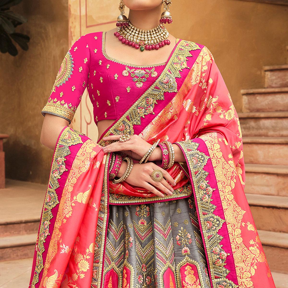 Grey & Rose Pink Wedding Wear Woven-Embellished Banarasi Silk Lehenga Choli - Peachmode