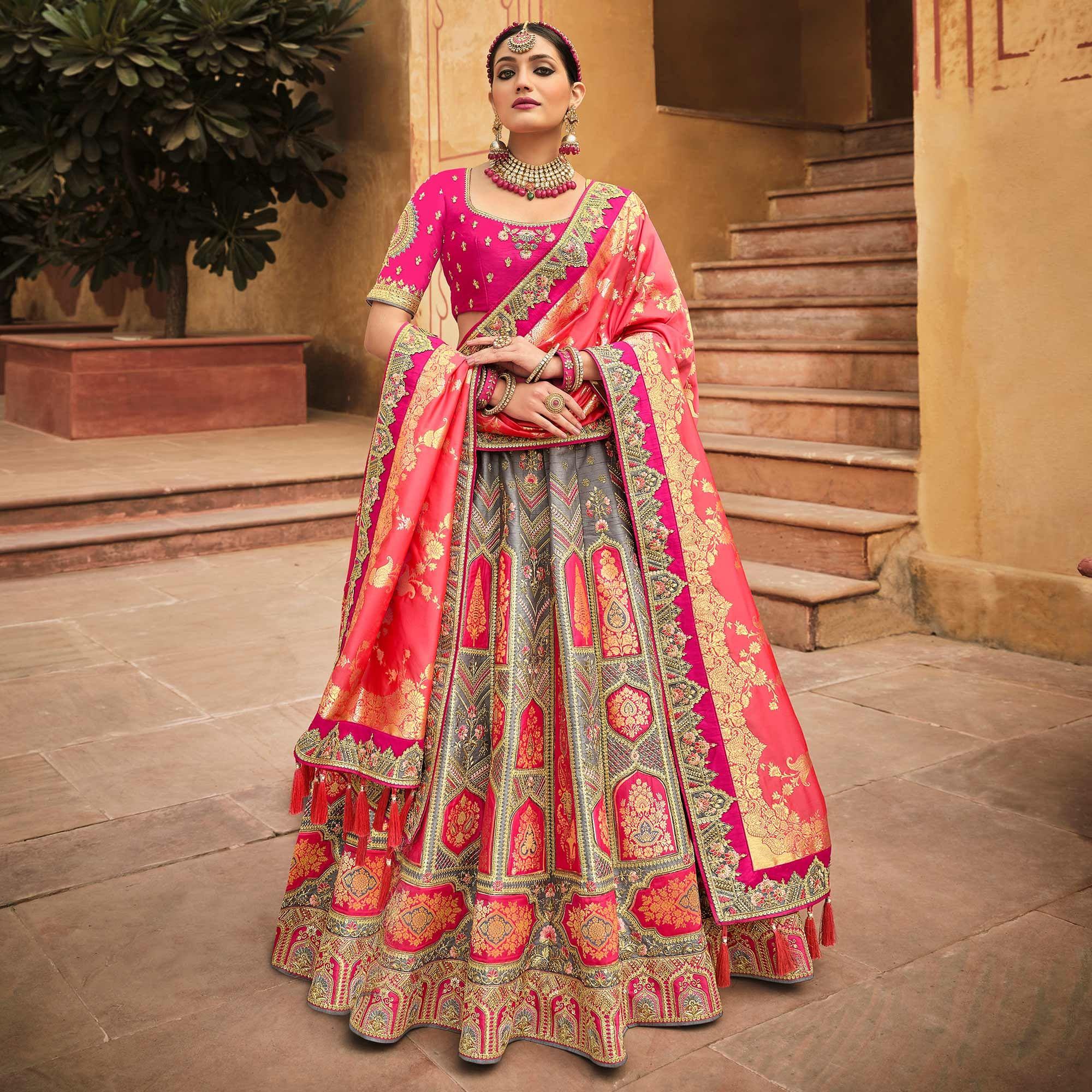 Grey & Rose Pink Wedding Wear Woven-Embellished Banarasi Silk Lehenga Choli - Peachmode