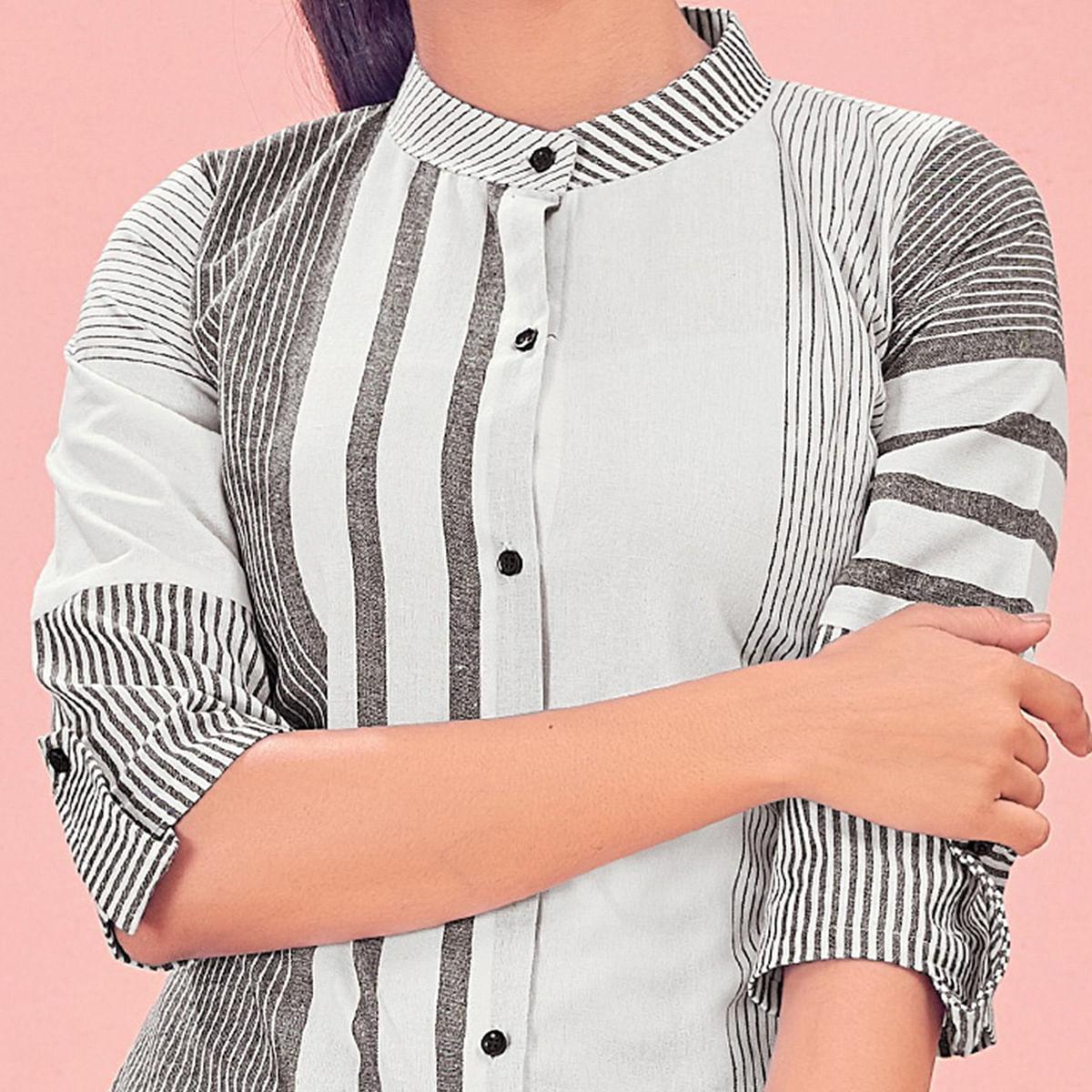 Grey & White Casual Wear Designer Stripes Pure Khadi Western Tunics Shirt - Peachmode
