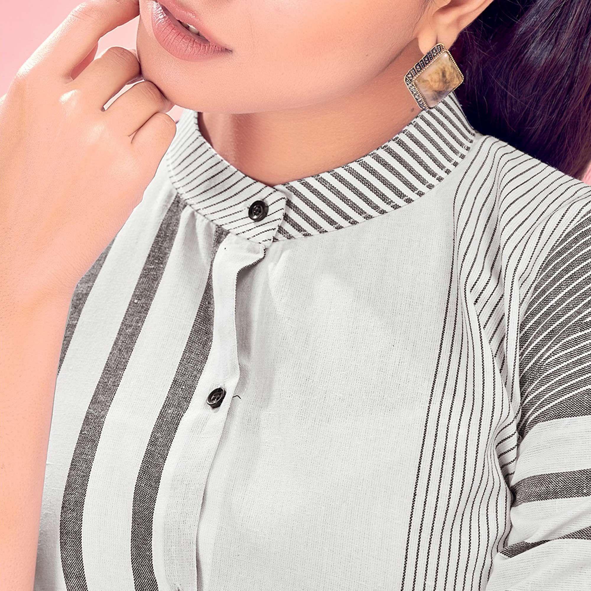 Grey & White Casual Wear Designer Stripes Pure Khadi Western Tunics Shirt - Peachmode