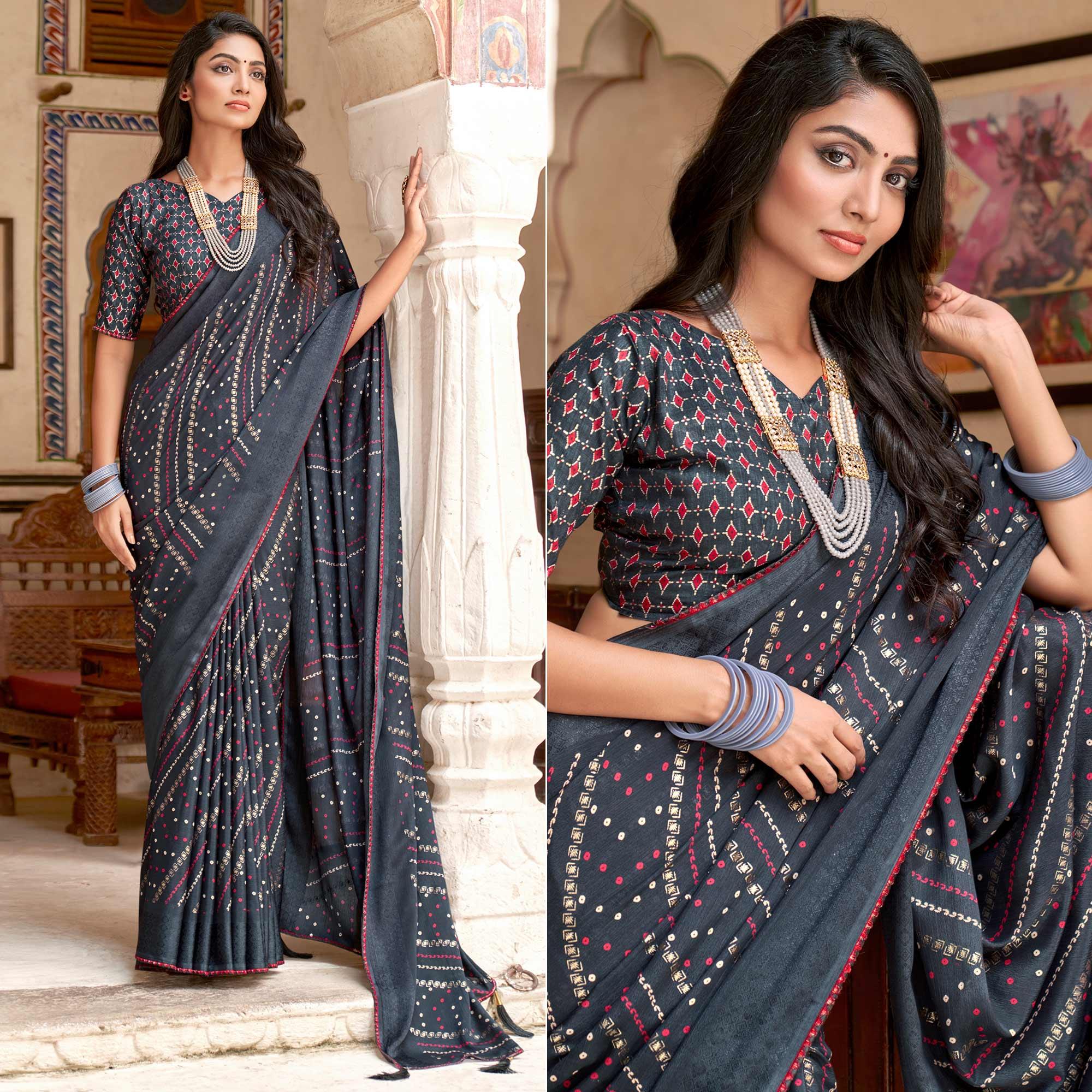 Grey Bandhani Printed Chiffon Saree With Tassels - Peachmode