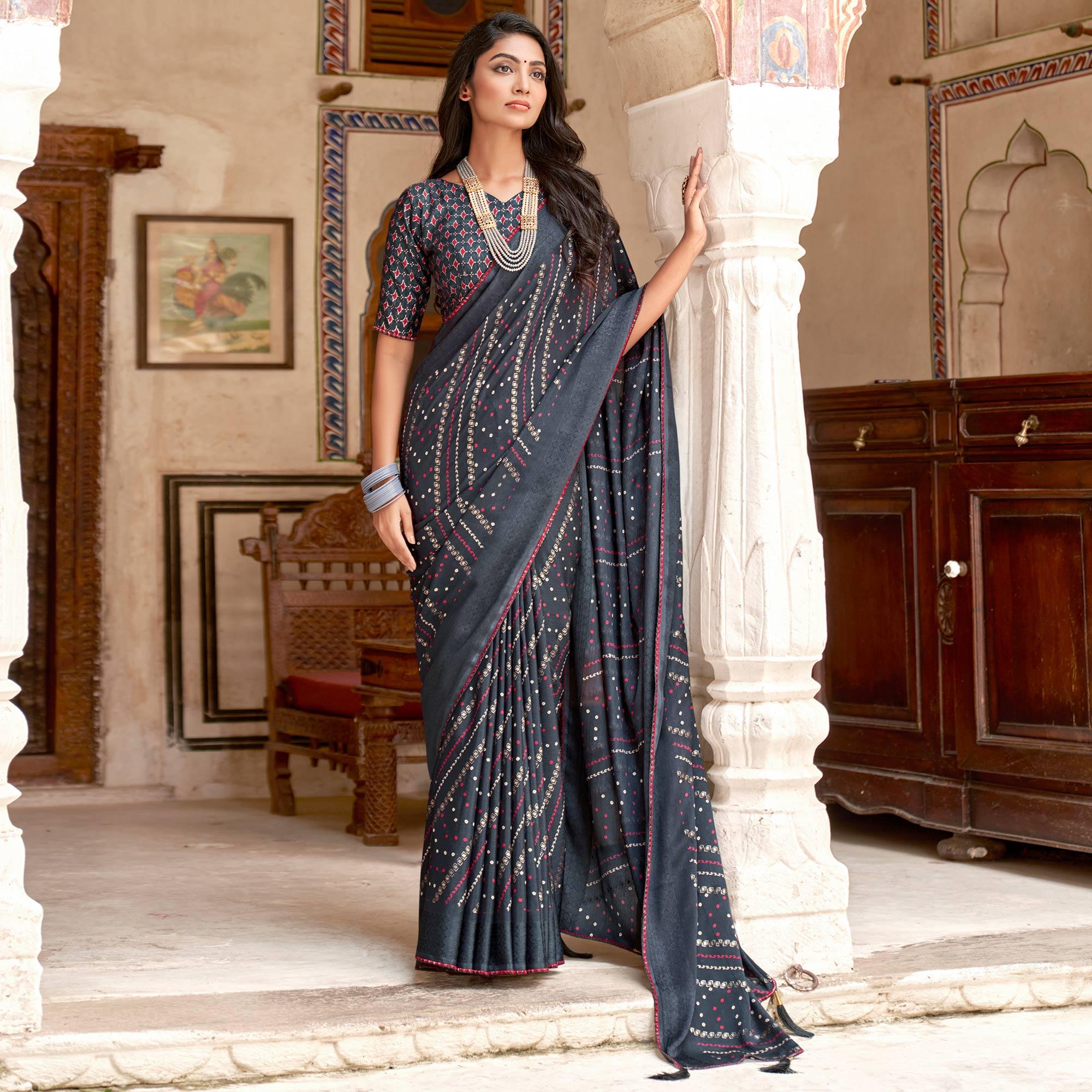 Grey Bandhani Printed Chiffon Saree With Tassels - Peachmode