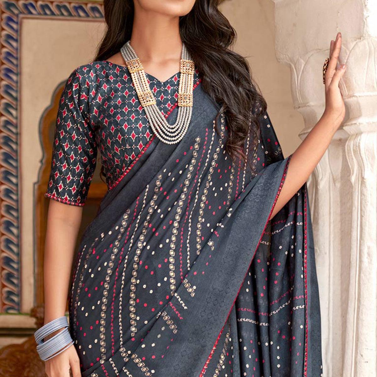 Grey Bandhani Printed Chiffon Saree With Tassels - Peachmode