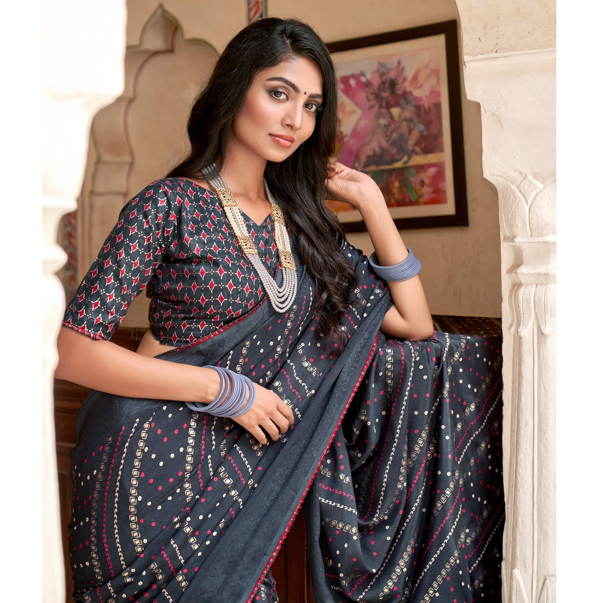 Grey Bandhani Printed Chiffon Saree With Tassels - Peachmode