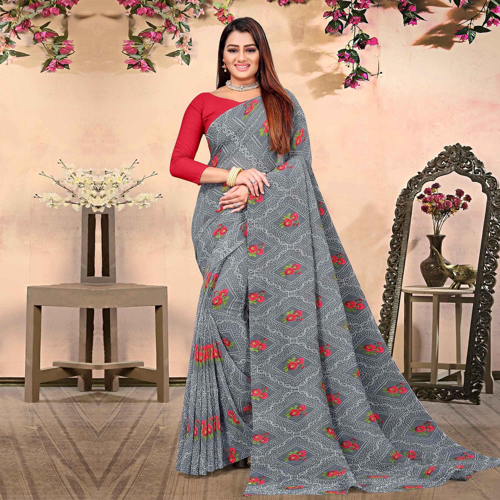 Grey Bandhani Printed Georgette Saree - Peachmode