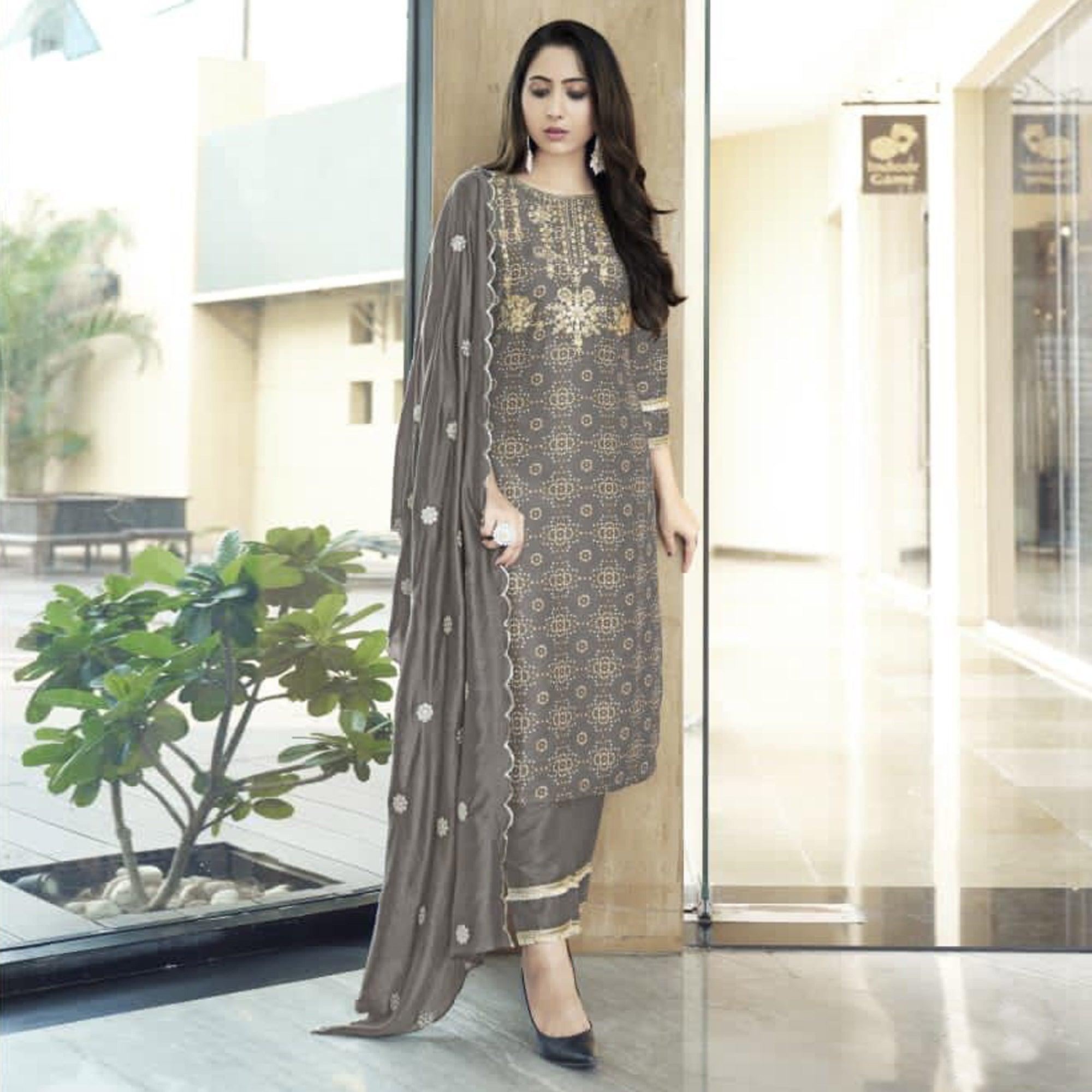 Grey Color Muslin Pant Style Salwar Suit