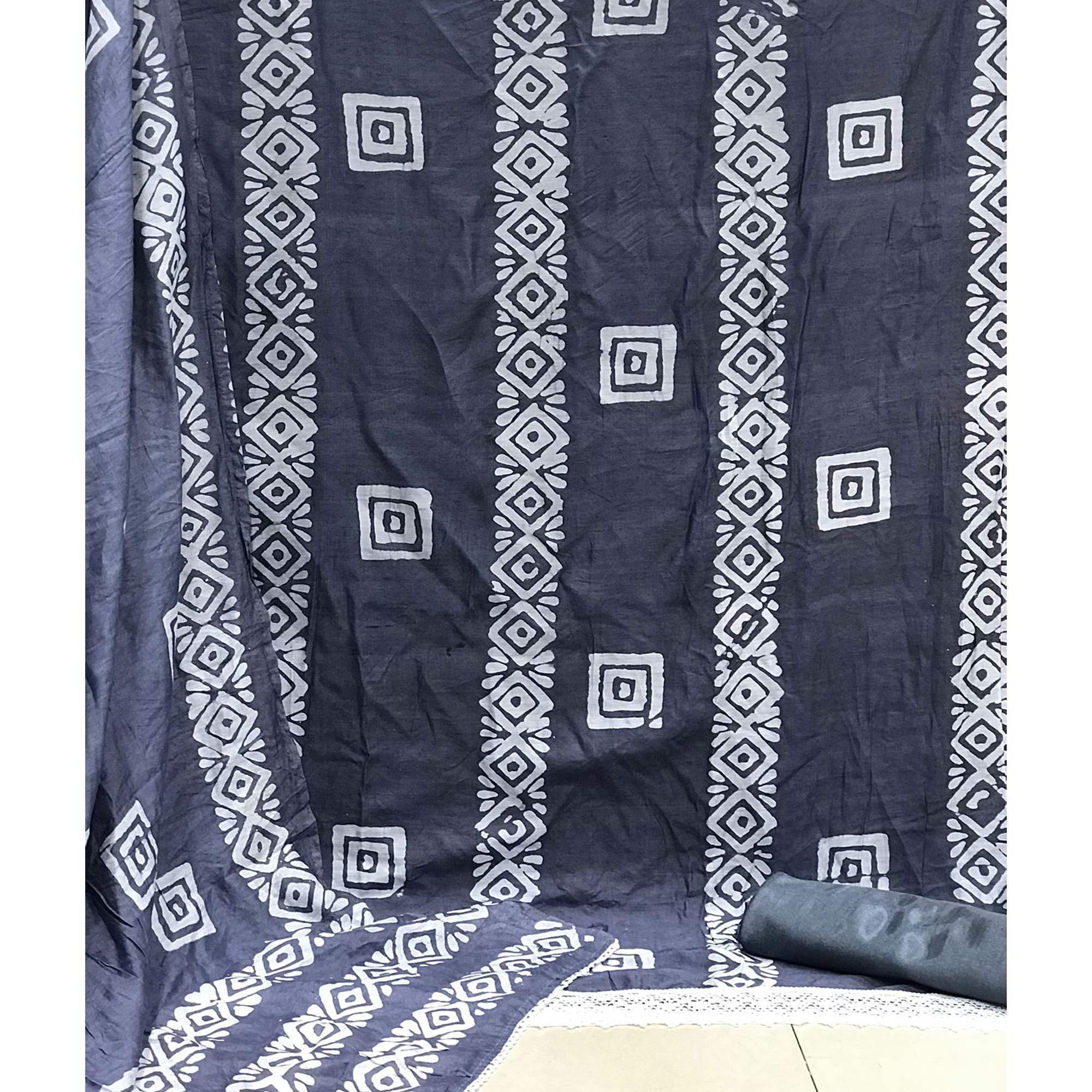 Grey Batik Printed Chanderi Dress Material - Peachmode