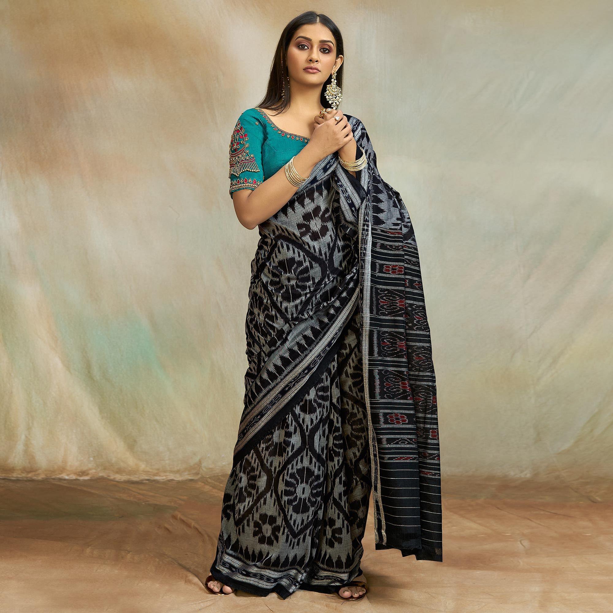 Grey-Black Casual Wear Ikkat Printed Mul Mul Cotton Saree - Peachmode