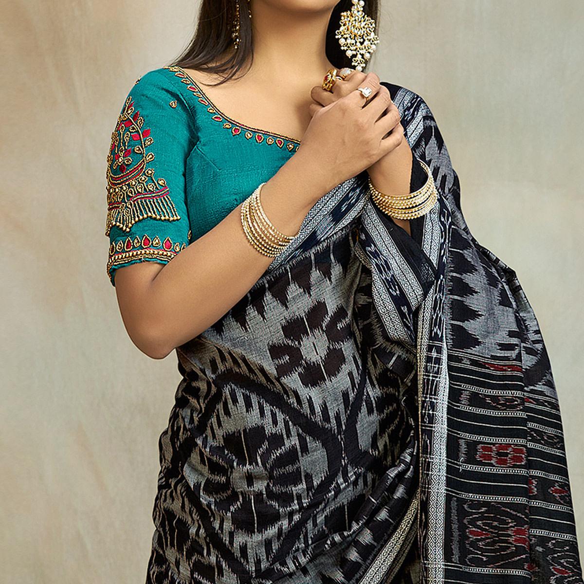 Grey-Black Casual Wear Ikkat Printed Mul Mul Cotton Saree - Peachmode