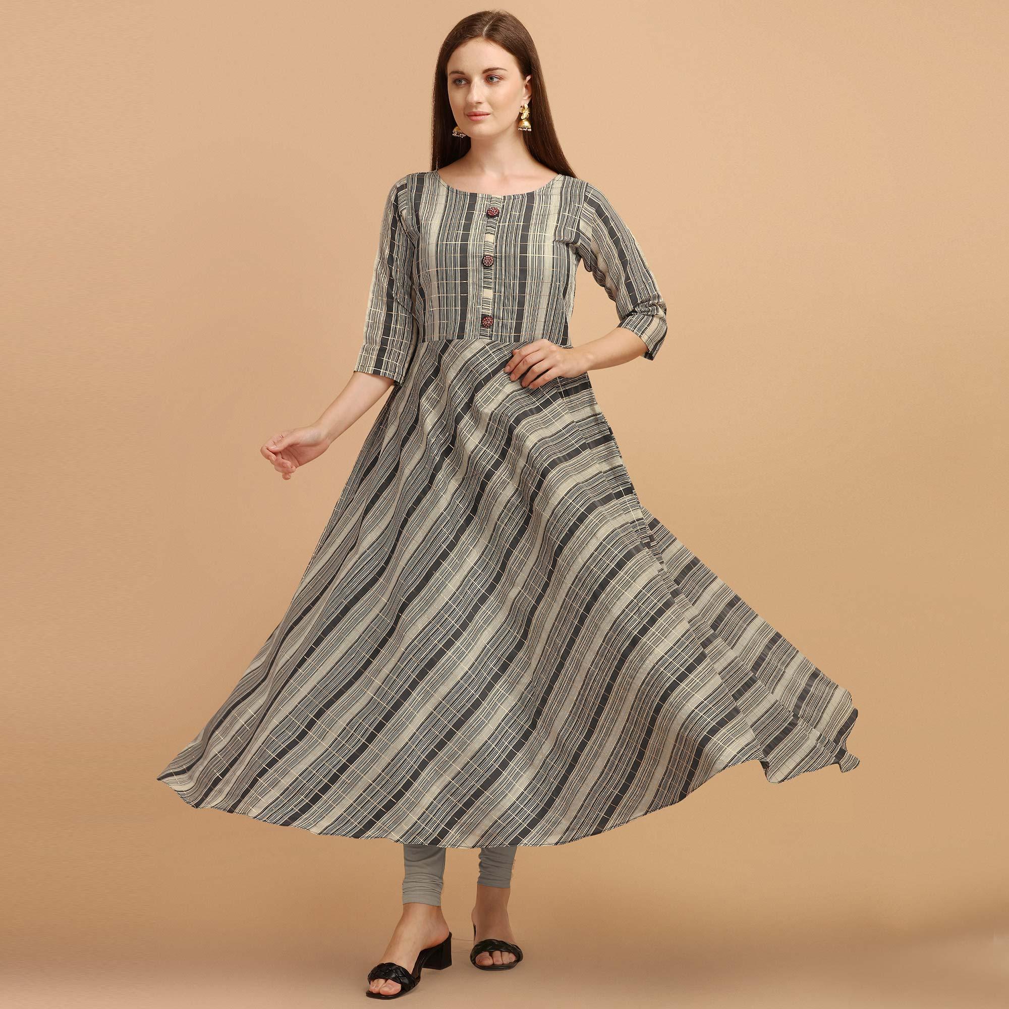 Grey - Black Casual Wear Stripes Printed Chanderi Dress - Peachmode