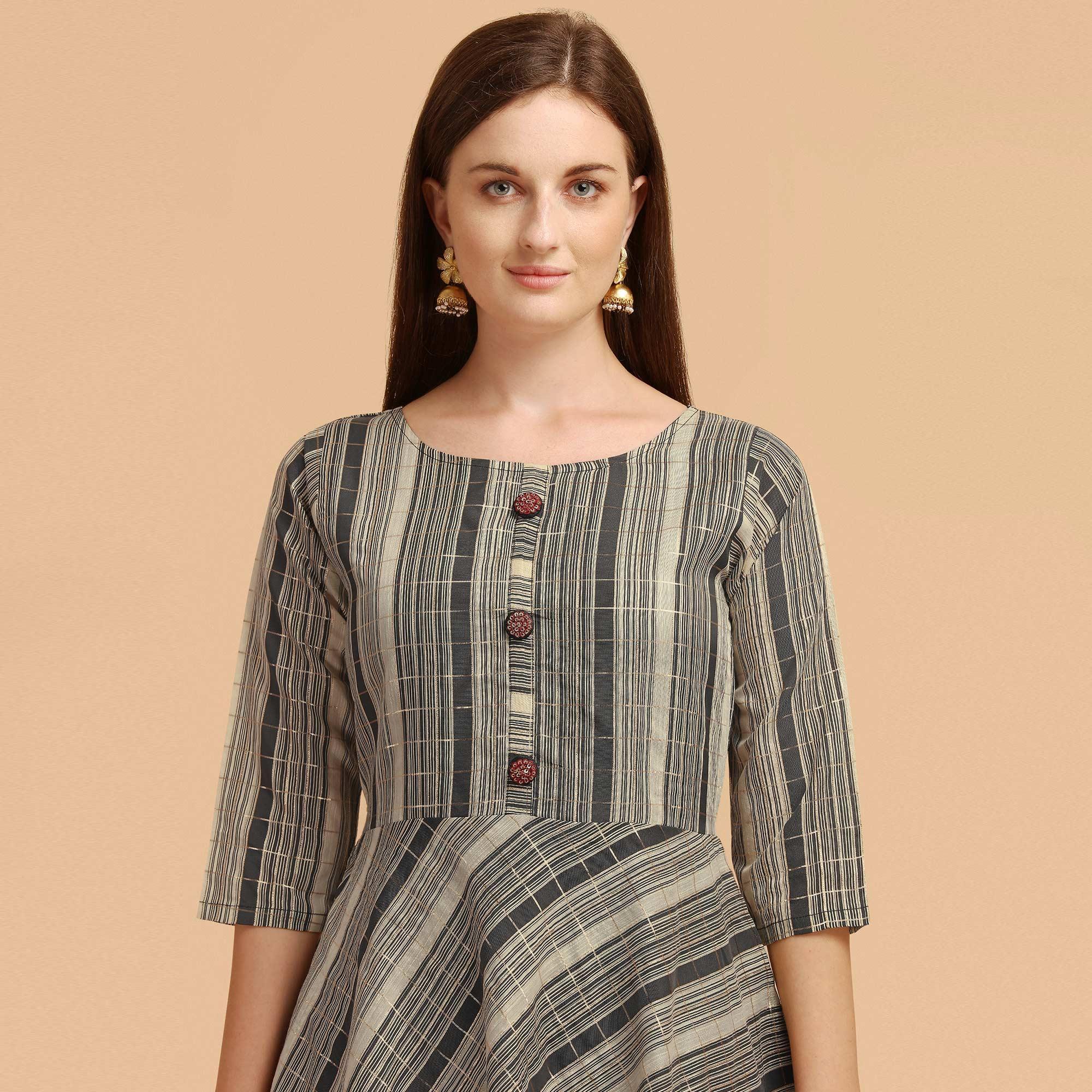 Grey - Black Casual Wear Stripes Printed Chanderi Dress - Peachmode