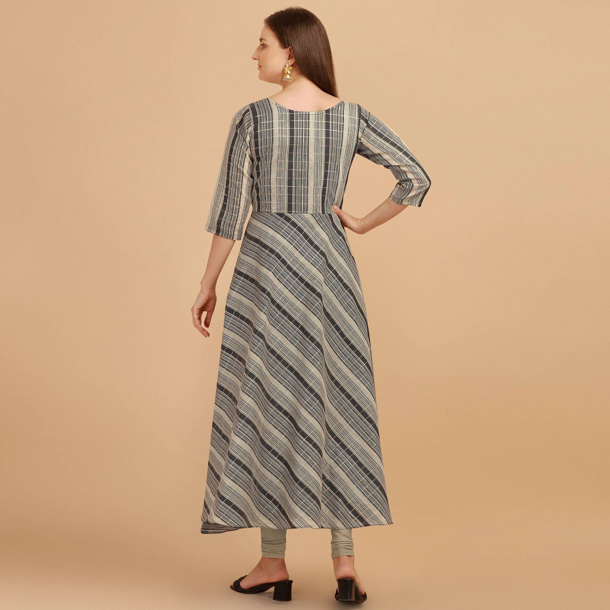 Grey - Black Casual Wear Stripes Printed Chanderi Dress - Peachmode