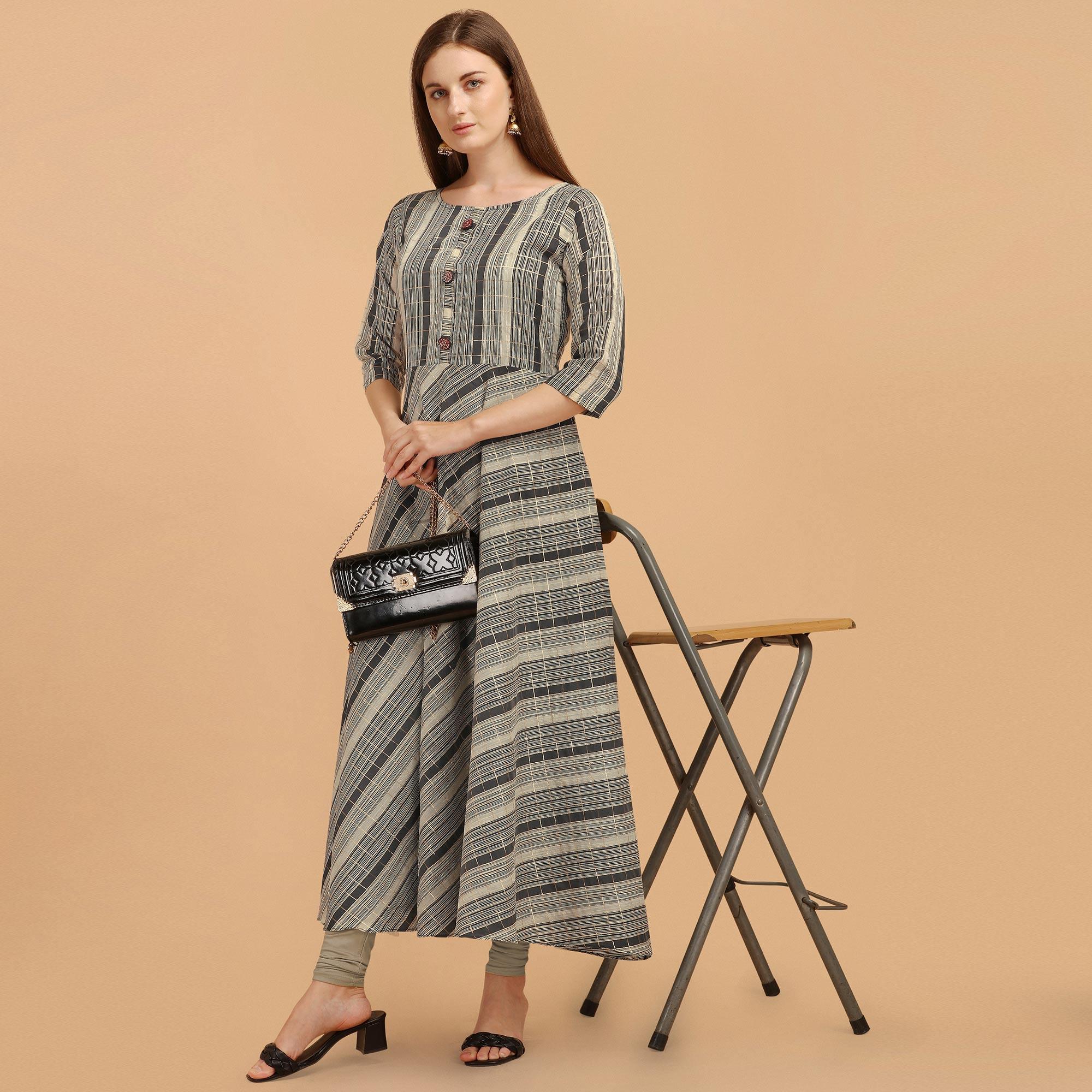 Grey - Black Casual Wear Stripes Printed Chanderi Dress - Peachmode