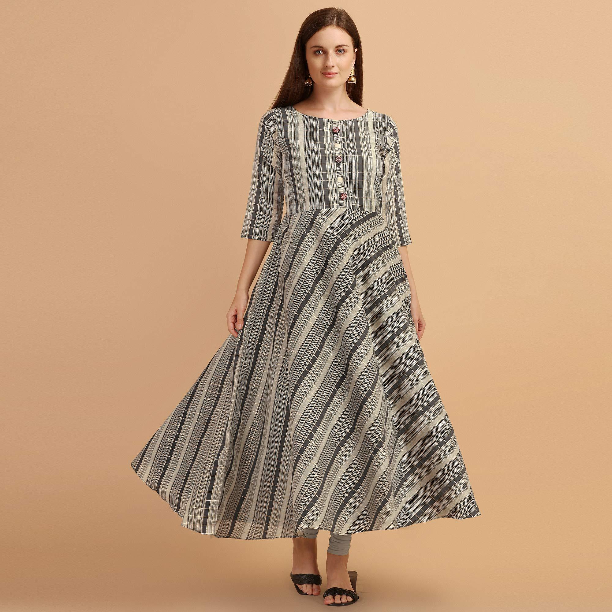 Grey - Black Casual Wear Stripes Printed Chanderi Dress - Peachmode