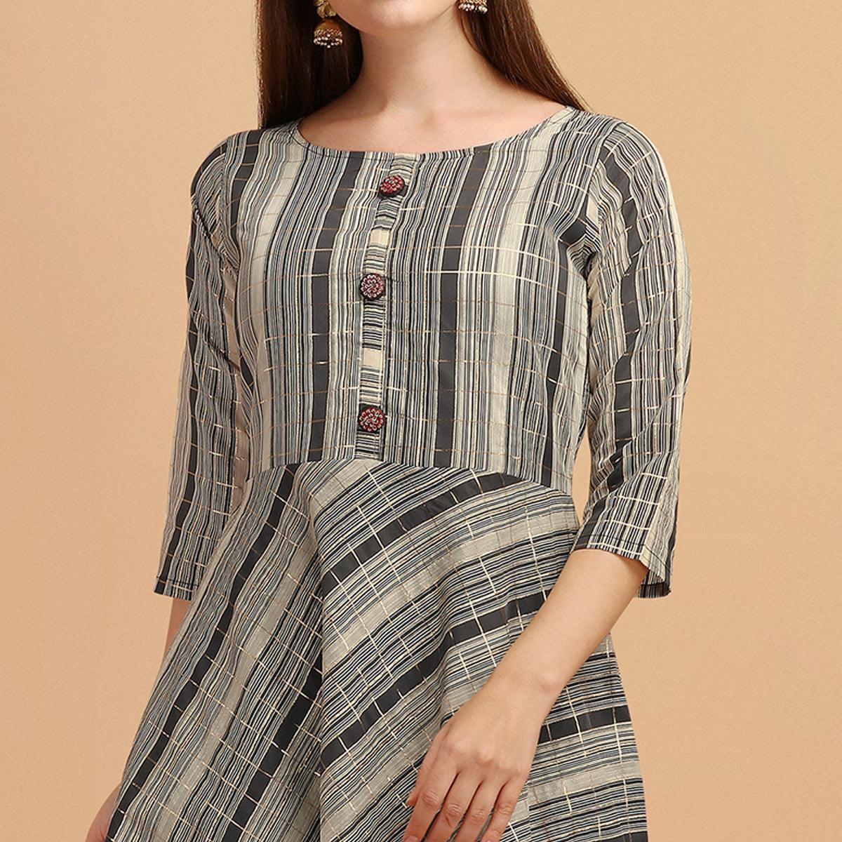 Grey - Black Casual Wear Stripes Printed Chanderi Dress - Peachmode