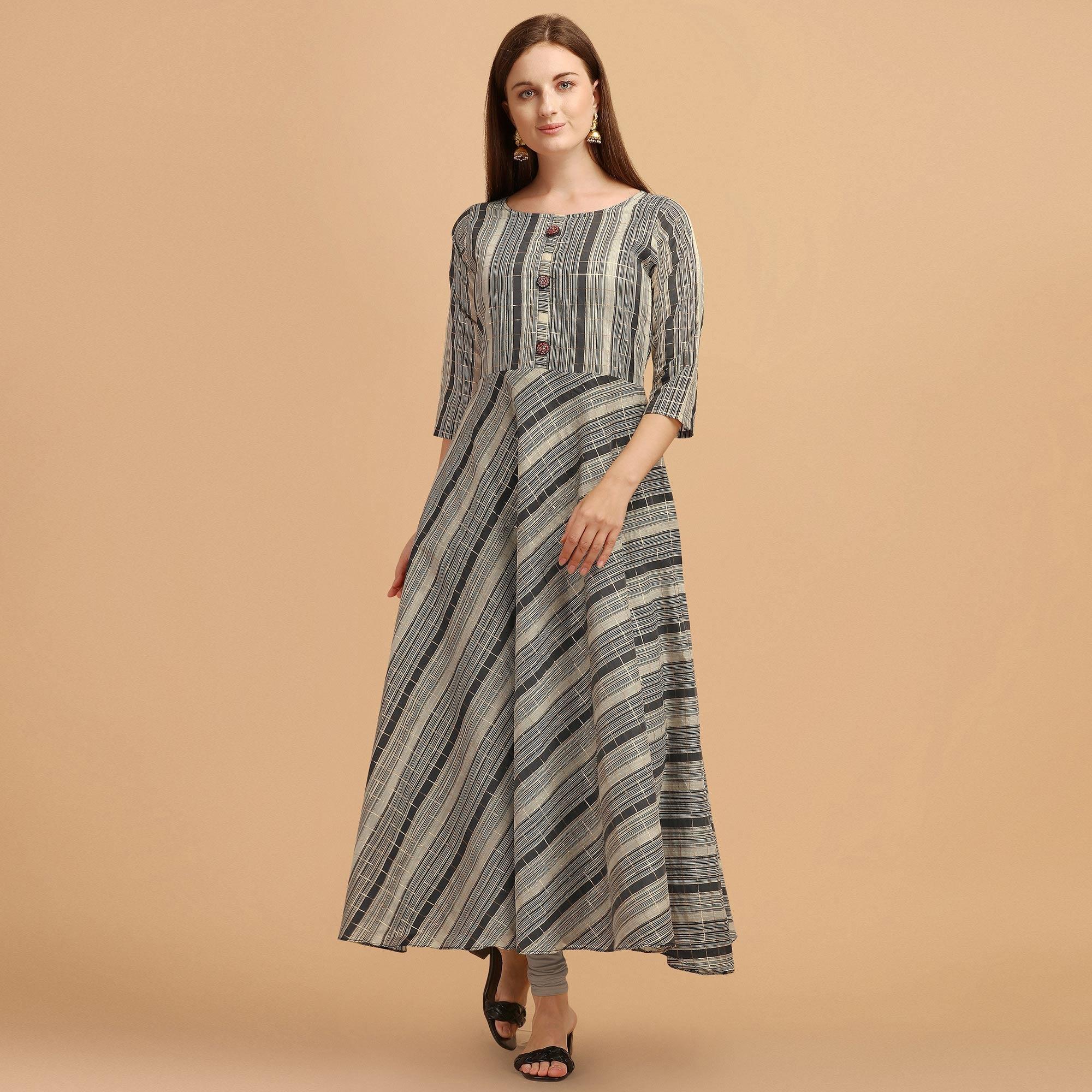 Grey - Black Casual Wear Stripes Printed Chanderi Dress - Peachmode