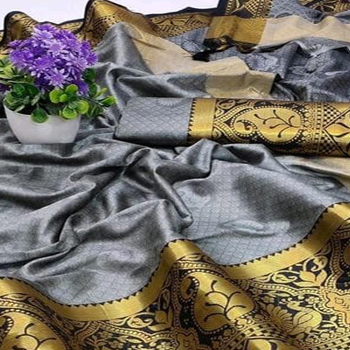 Grey - Black Festive Wear Woven Soft Cotton Saree - Peachmode