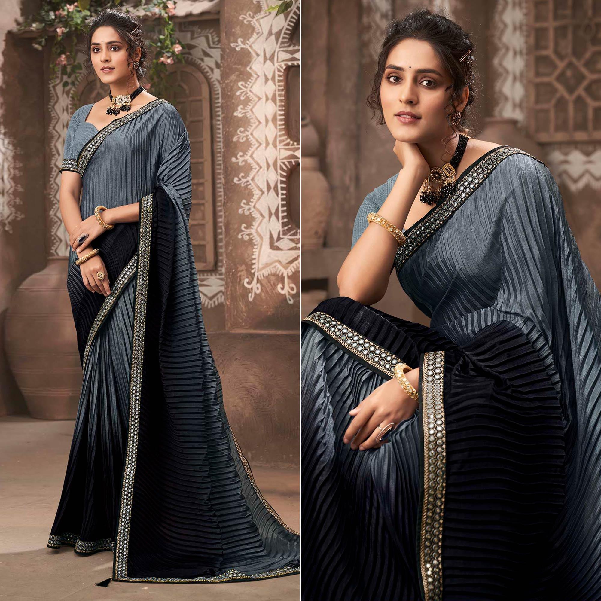 Grey-Black Partywear Crushed Chiffon Saree with Fancy Lace - Peachmode
