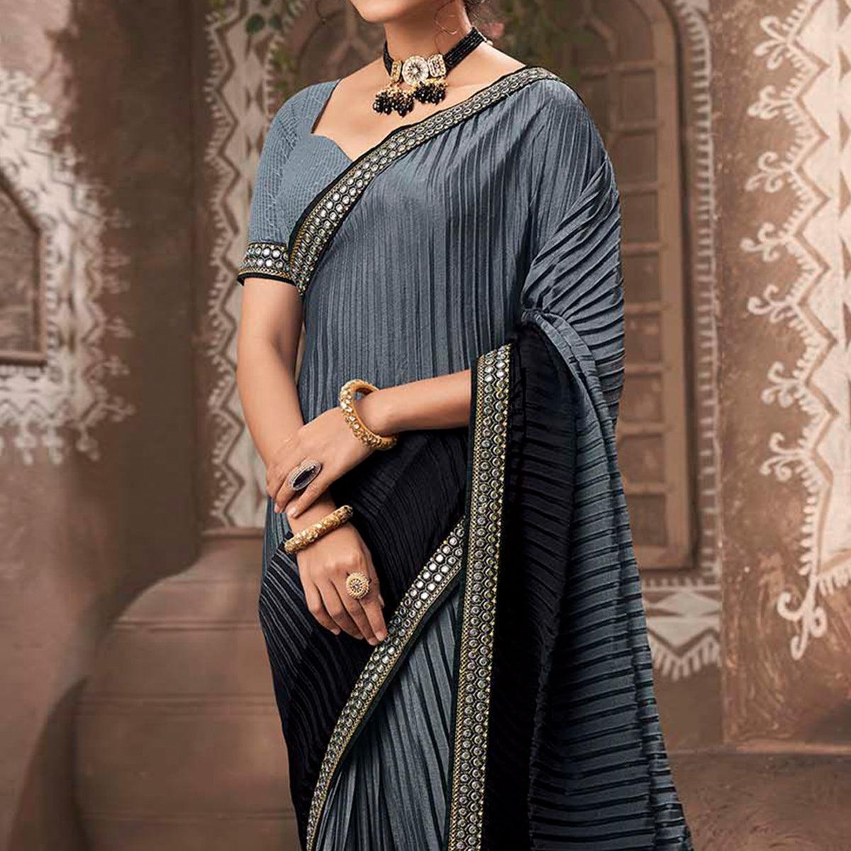 Grey-Black Partywear Crushed Chiffon Saree with Fancy Lace - Peachmode